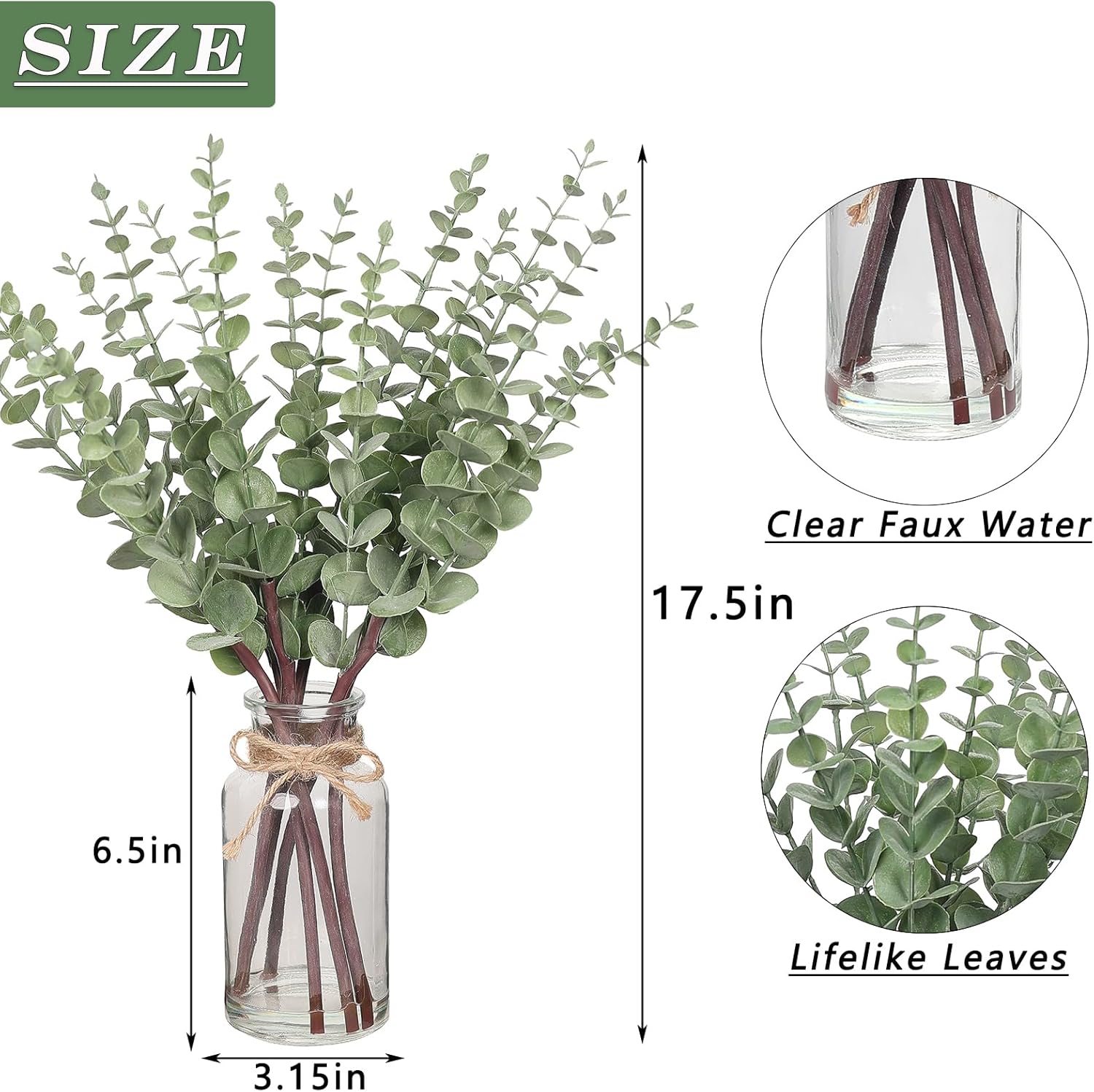 17.5" Artificial Eucalyptus Stems in Glass Vase with Faux Water(Sage Green) | Realistic Fake Plants Faux Eucalyptus Leaves with Glass Vase, for Centerpiece Table Farmhouse Wedding Home Greenery Decor