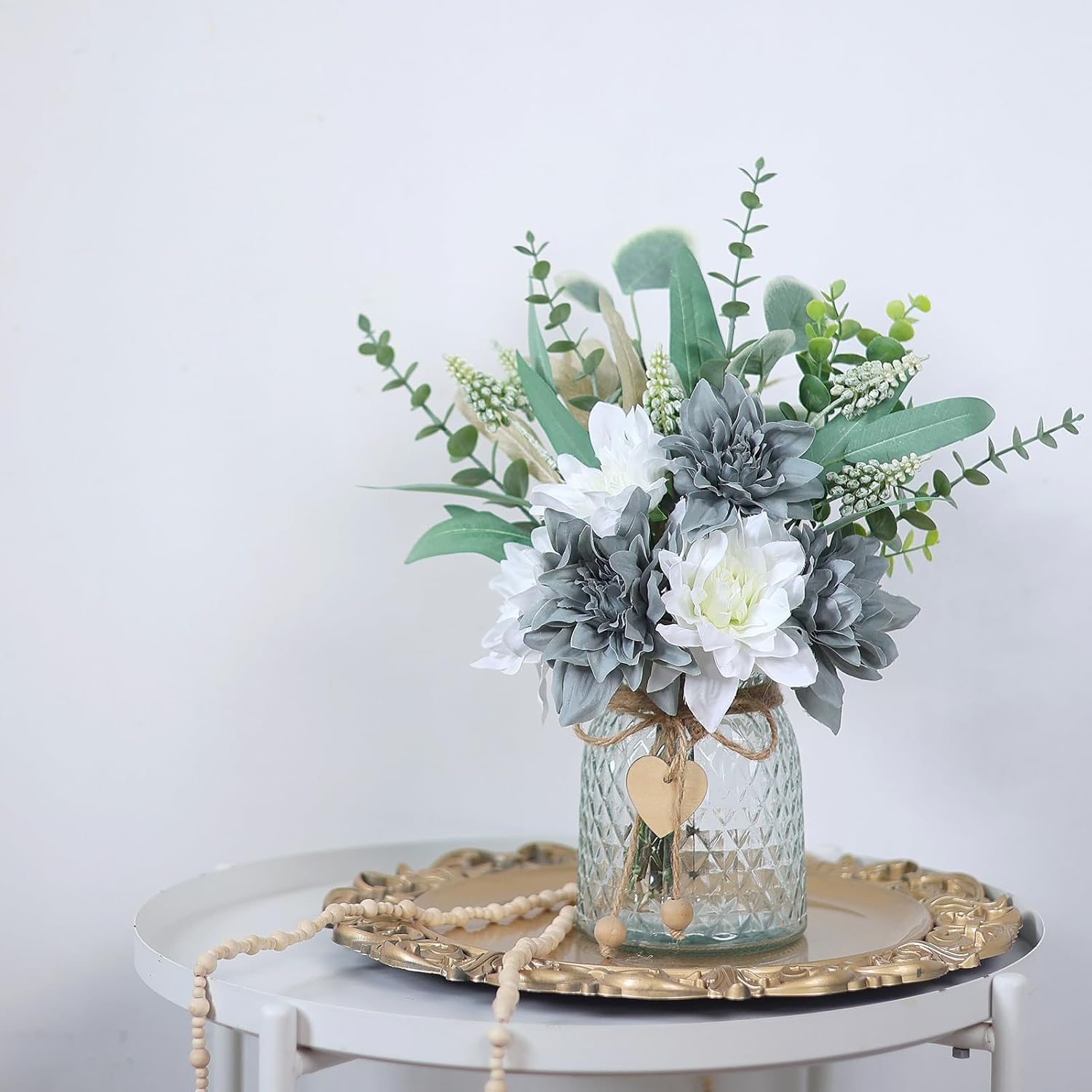 14.5" Artificial Dahlia Flowers with Vase for Home Decor (Grey Blue) | Lifelike Fake Flowers & Plants in Vase, Faux Eucalyptus Willow with Dahlias, for Farmhouse Kitchen Table Centerpiece Decor