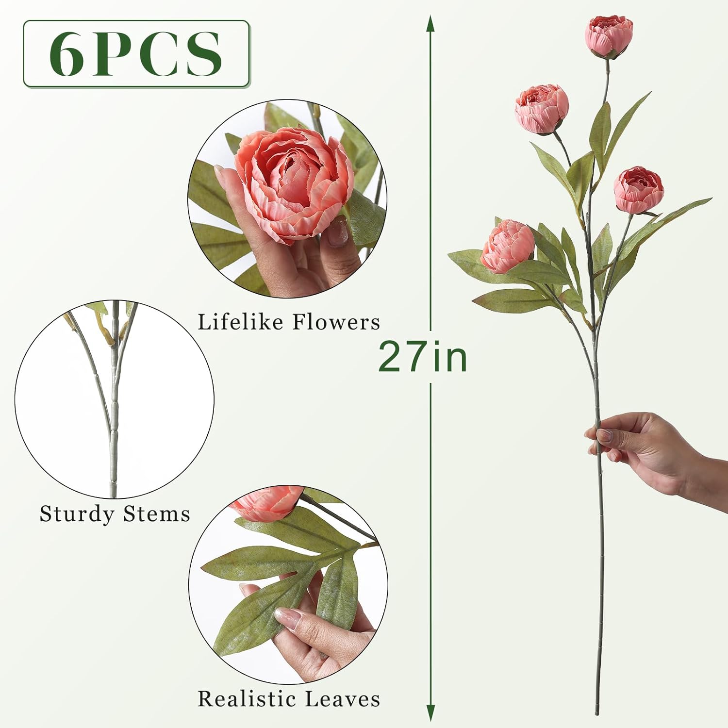 6 Pcs 27" Faux Silk Peony Artificial Flowers Stems for Vase (Dusty Pink) | Bulk Fake Peonies Branches with Stems, for DIY Bouquet Table Centerpieces Wedding Fillers Arrangements Shower Home Decoration