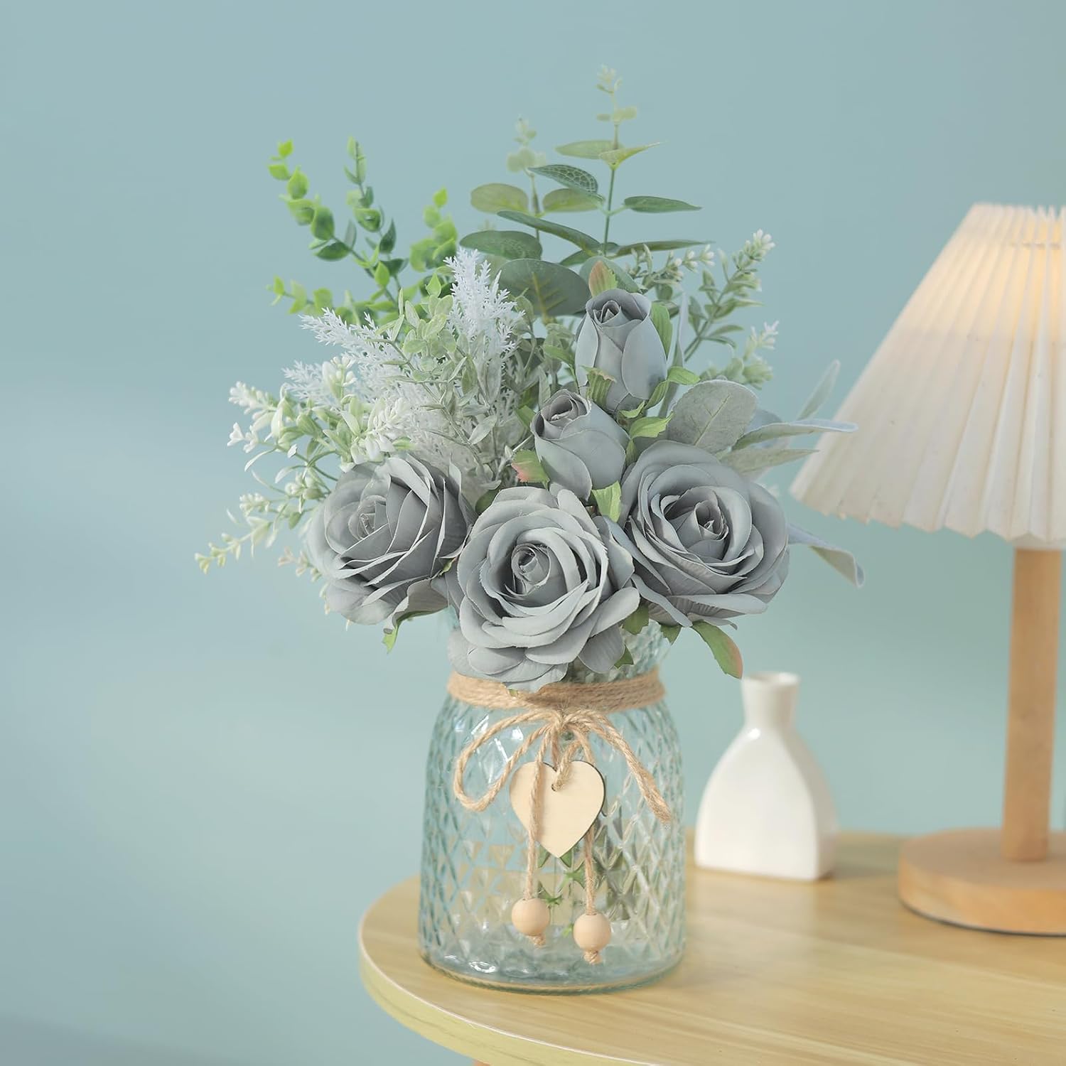 14.5" Artificial Silk Roses with Vase for Home Decoration (Grey Blue) | Realistic Faux Eucalyptus & Fake Silk Flowers in Vase, for Office Farmhouse Bathroom Dining Table Centerpiece Decoration