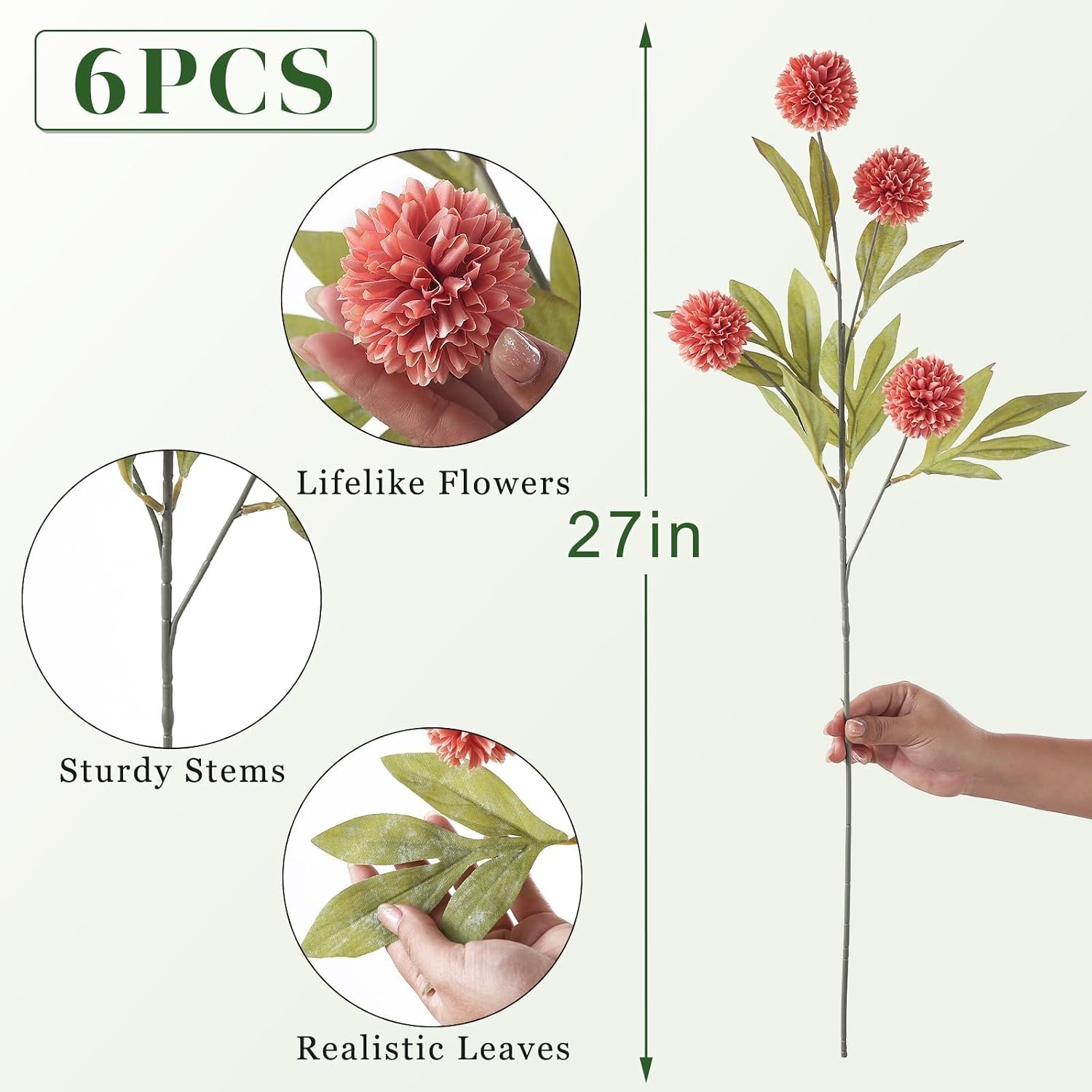 6 Pcs 27"Artificial Pompon Mum Silk Flower Stems for Vase (Dusty Pink) | Bulk Fake Chrysanth Branches Faux Silk Flowers, for DIY Bouquet Centerpieces