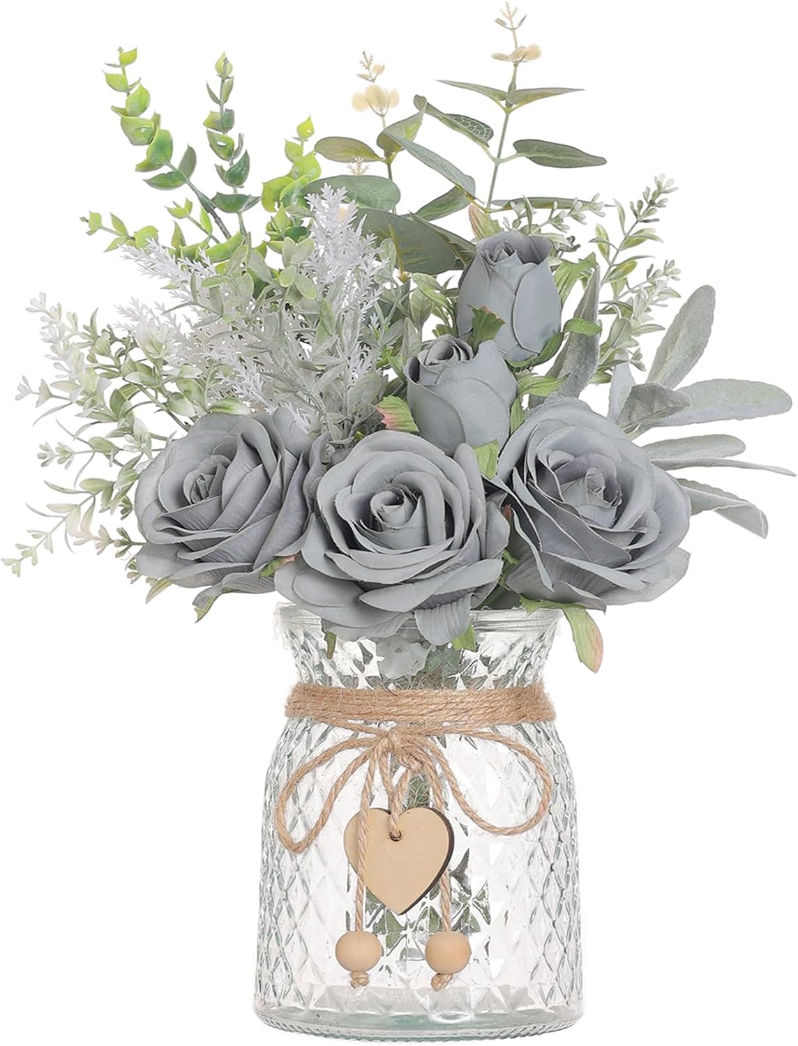 14.5" Artificial Silk Roses with Vase for Home Decoration (Grey Blue) | Realistic Faux Eucalyptus & Fake Silk Flowers in Vase, for Office Farmhouse Bathroom Dining Table Centerpiece Decoration