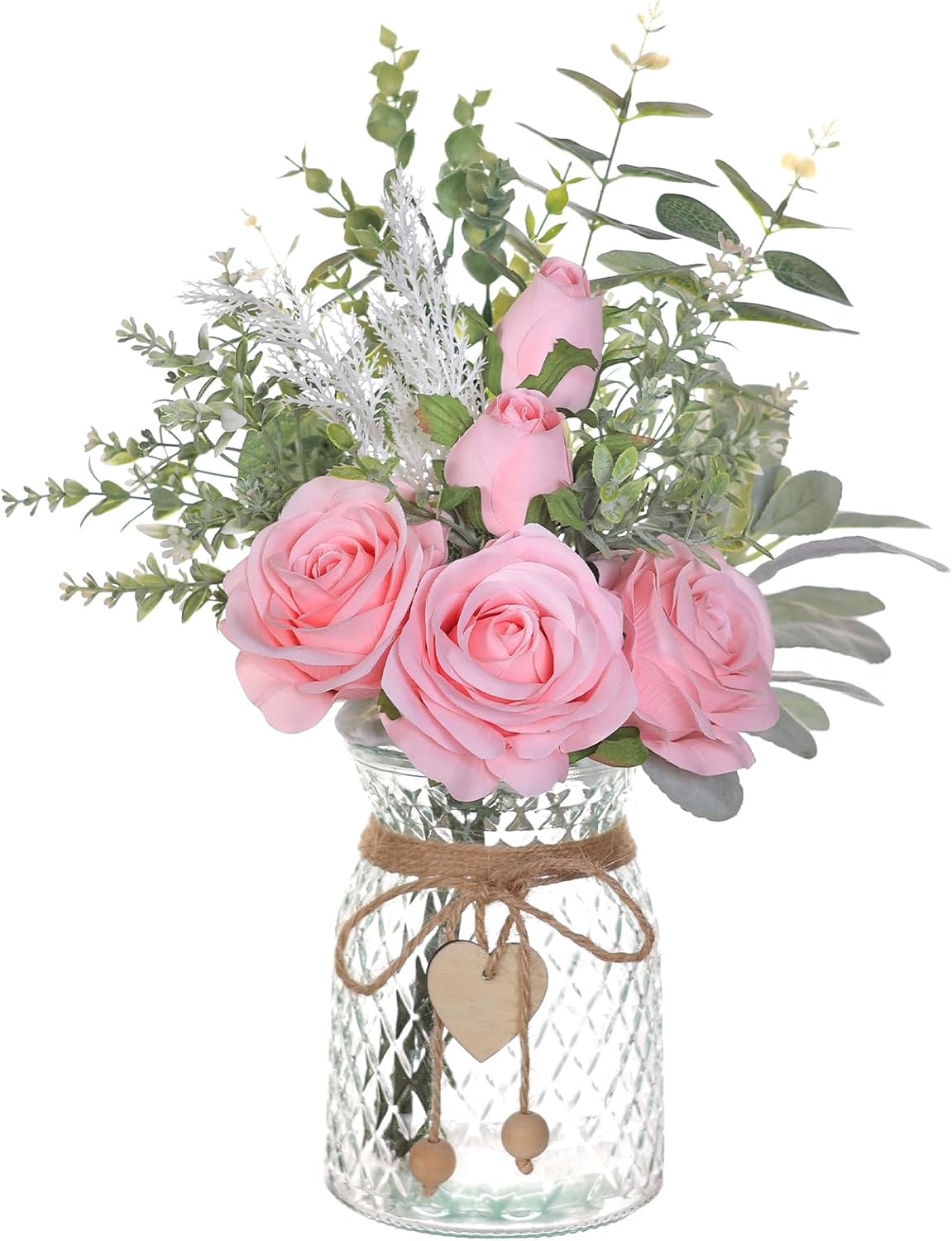 14.5" Artificial Silk Roses with Vase for Home Decoration | Realistic Faux Eucalyptus & Fake Silk Flowers in Vase, for Office Farmhouse Bathroom Dining Table Centerpiece Decoration