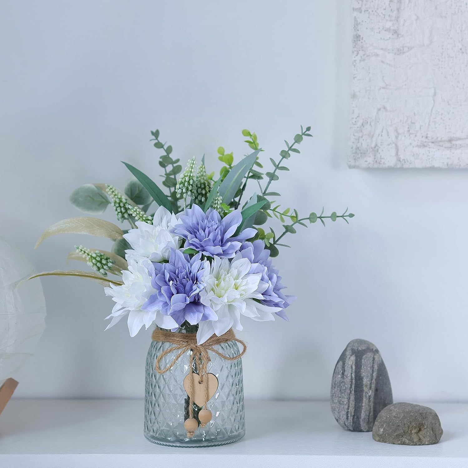 14.5" Artificial Dahlia Flowers with Vase for Home Decor (Dusty Purple) | Lifelike Fake Flowers & Plants in Vase, Faux Eucalyptus Willow with Dahlias, for Farmhouse Kitchen Table Centerpiece Decor