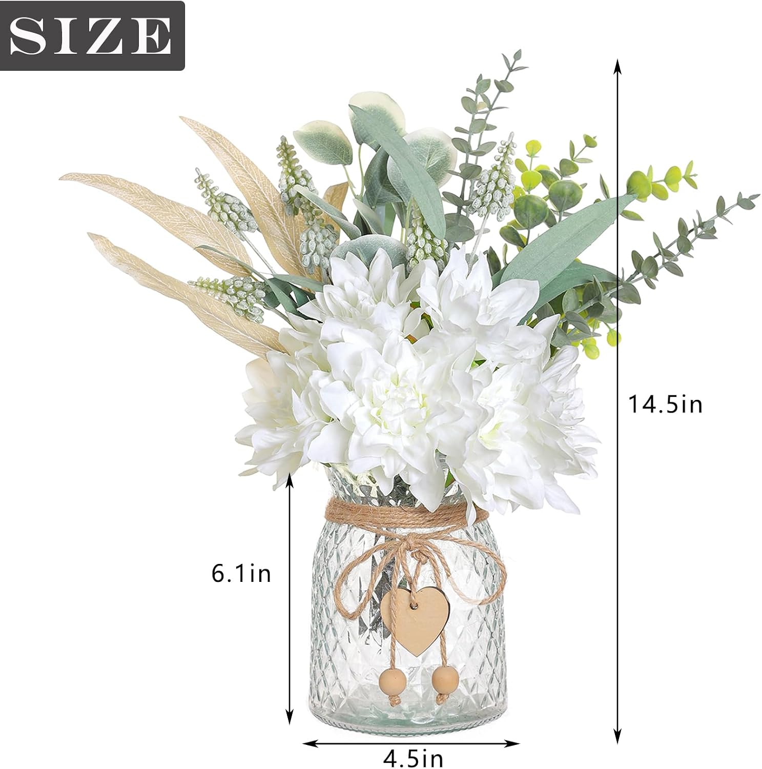 14.5" Artificial Dahlia Flowers with Vase for Home Decor (White) | Lifelike Fake Flowers & Plants in Vase, Faux Eucalyptus Willow with Dahlias, for Farmhouse Kitchen Table Centerpiece Decor