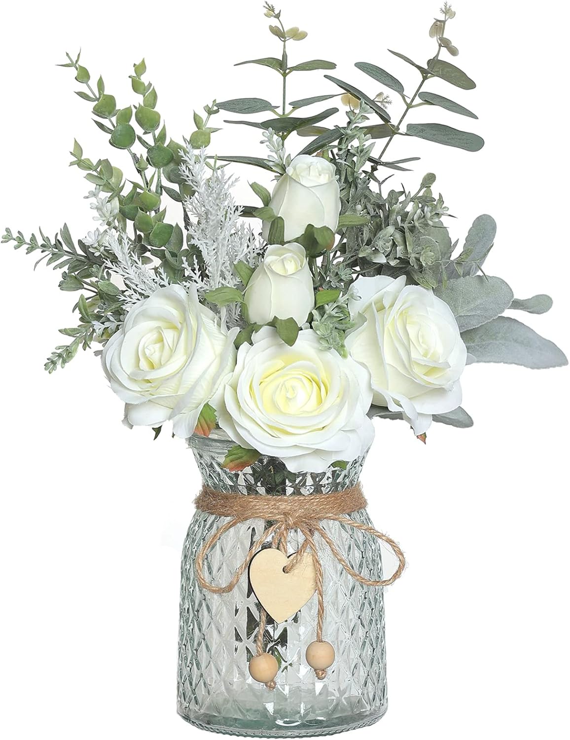 14.5" Artificial Silk Roses with Vase for Home Decoration | Realistic Faux Eucalyptus & Fake Silk Flowers in Vase, for Office Farmhouse Bathroom Dining Table Centerpiece Decoration