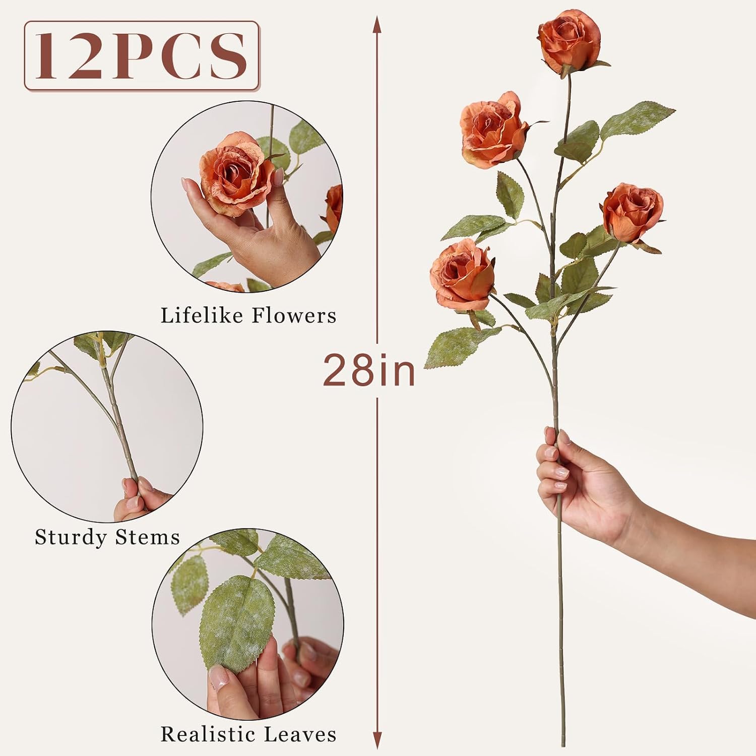 12 Pcs 28" Artificial Fall Rose Flowers Stems for Vase Decoration (Orange) | Fake Silk Flower Branches, Faux Rose Stems, for Table Centerpieces DIY Floral Arrangements Party Indoor Home Autumn Decor