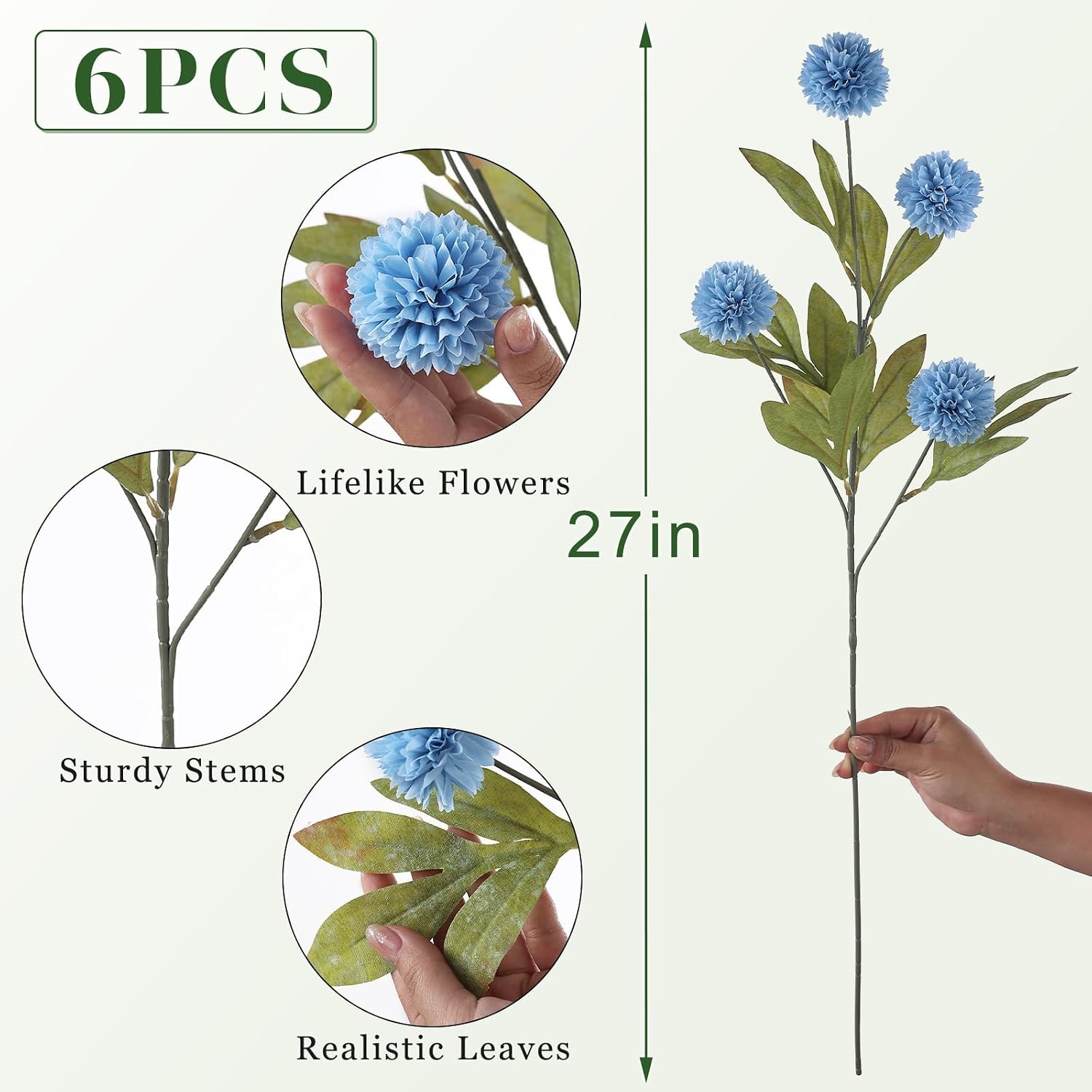 6 Pcs 27"Artificial Pompon Mum Silk Flower Stems for Vase (Dusty Blue) | Bulk Fake Chrysanth Branches Faux Silk Flowers, for DIY Bouquet Centerpieces Wedding Filler Arrangements Shower Decor