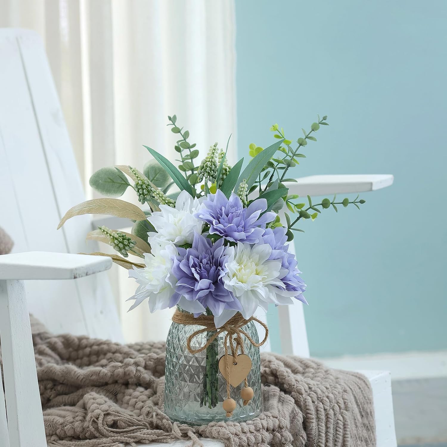 14.5" Artificial Dahlia Flowers with Vase for Home Decor (Dusty Purple) | Lifelike Fake Flowers & Plants in Vase, Faux Eucalyptus Willow with Dahlias, for Farmhouse Kitchen Table Centerpiece Decor