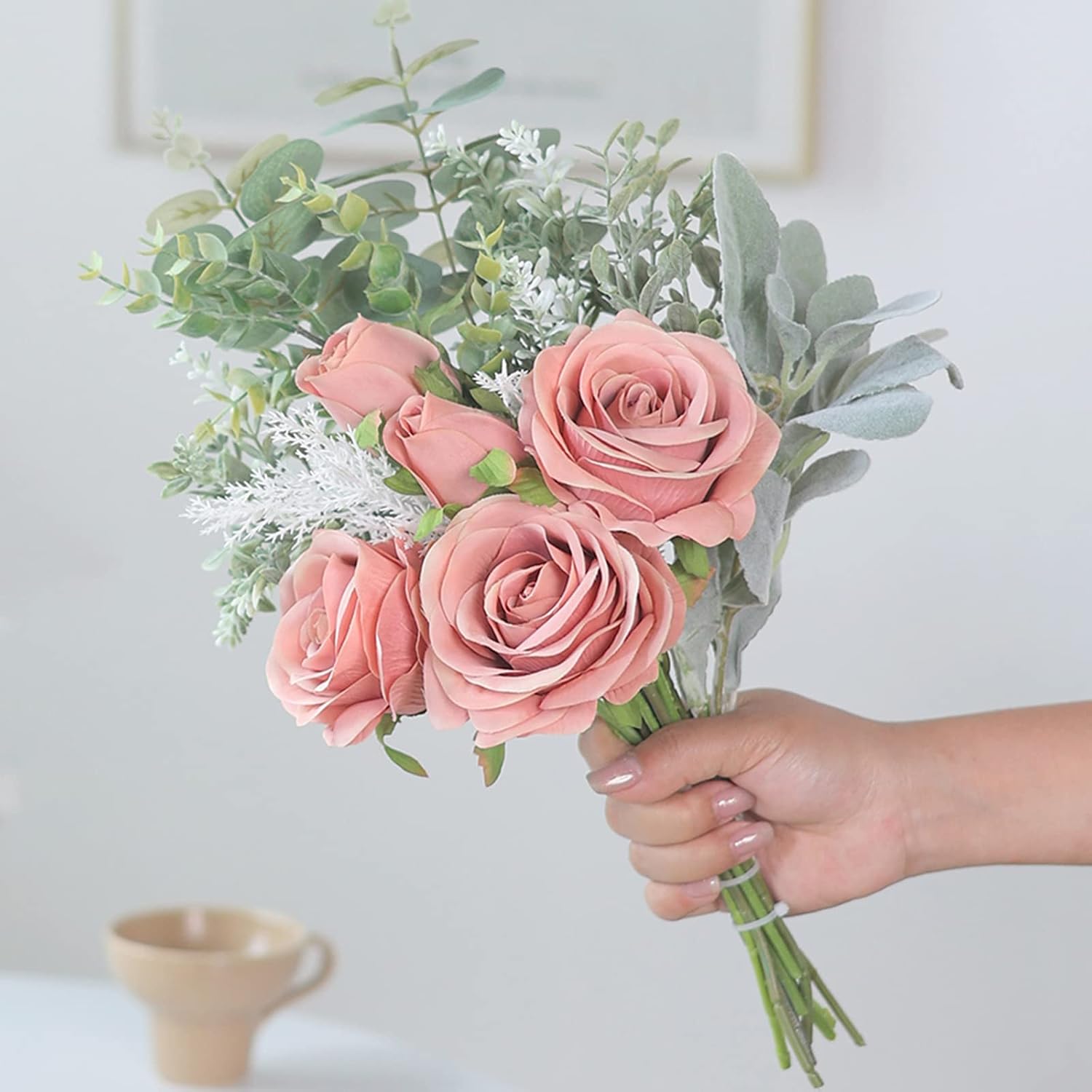 14.5" Artificial Silk Roses with Vase for Home Decoration (Dusty Pink) | Realistic Faux Eucalyptus & Fake Silk Flowers in Vase, for Office Farmhouse Bathroom Dining Table Centerpiece Decoration