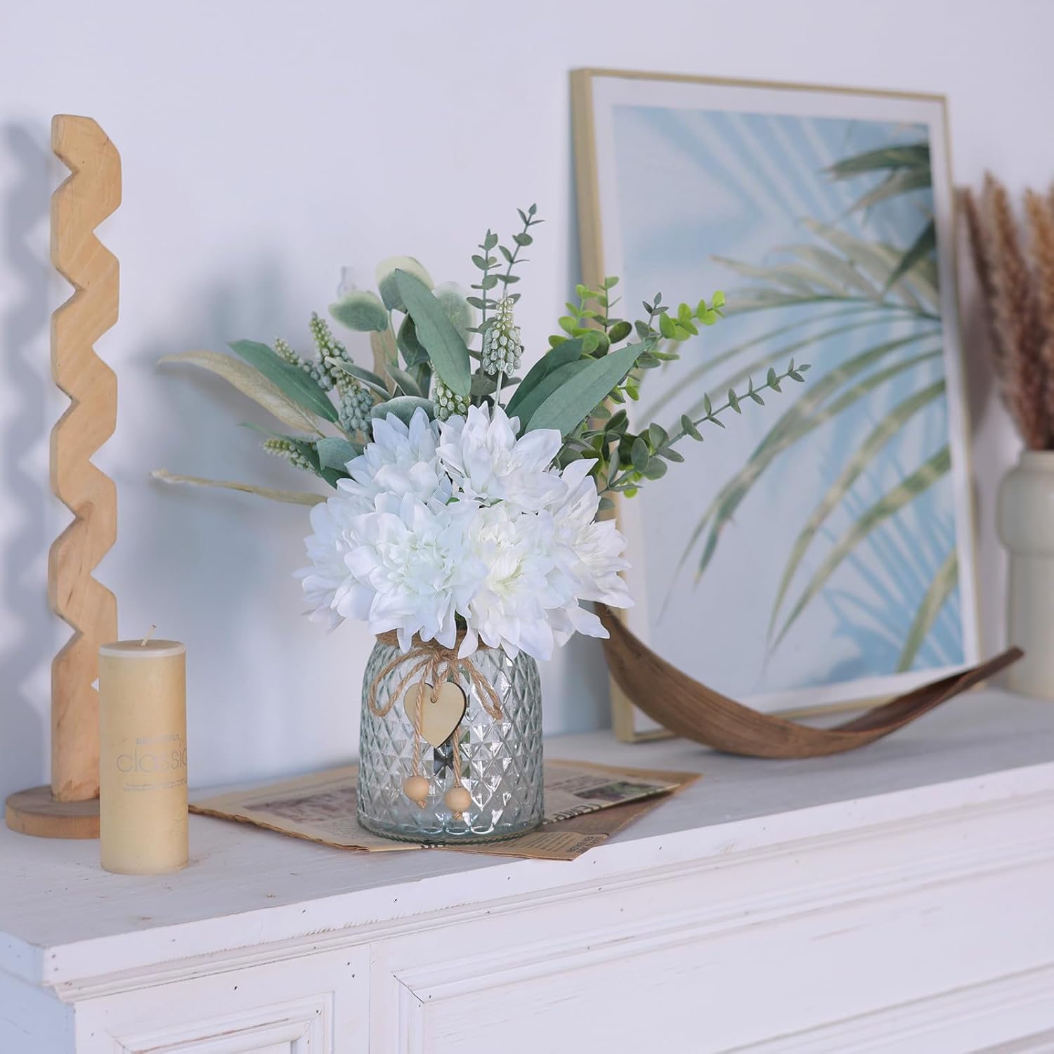 14.5" Artificial Dahlia Flowers with Vase for Home Decor (White) | Lifelike Fake Flowers & Plants in Vase, Faux Eucalyptus Willow with Dahlias, for Farmhouse Kitchen Table Centerpiece Decor