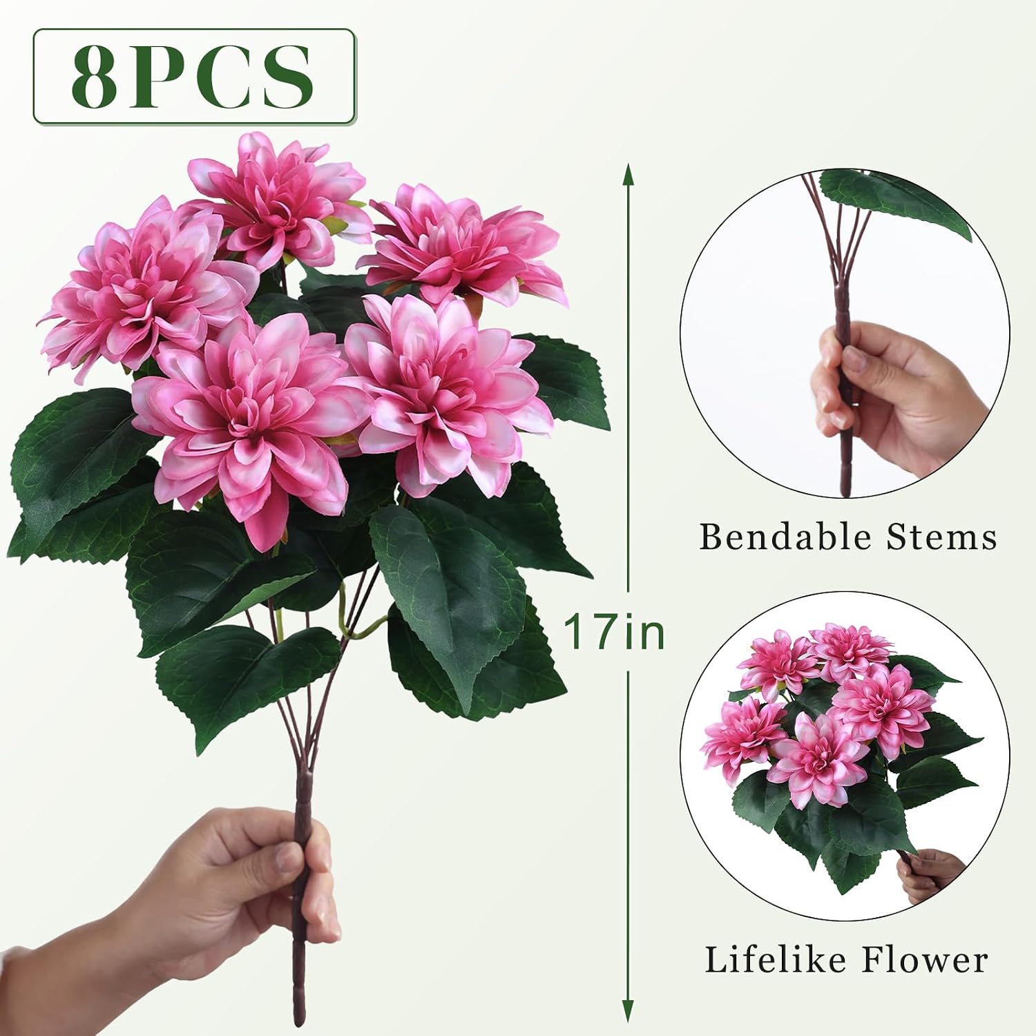 8 Bundles 17" Artificial Dahlia Flowers for Front Door Decor (Pink) | Realistic Fake Silk Flower Faux Dahlias Plant, for Front Porch Home Garden Balcony Farmhouse Spring Summer Outdoor Decor