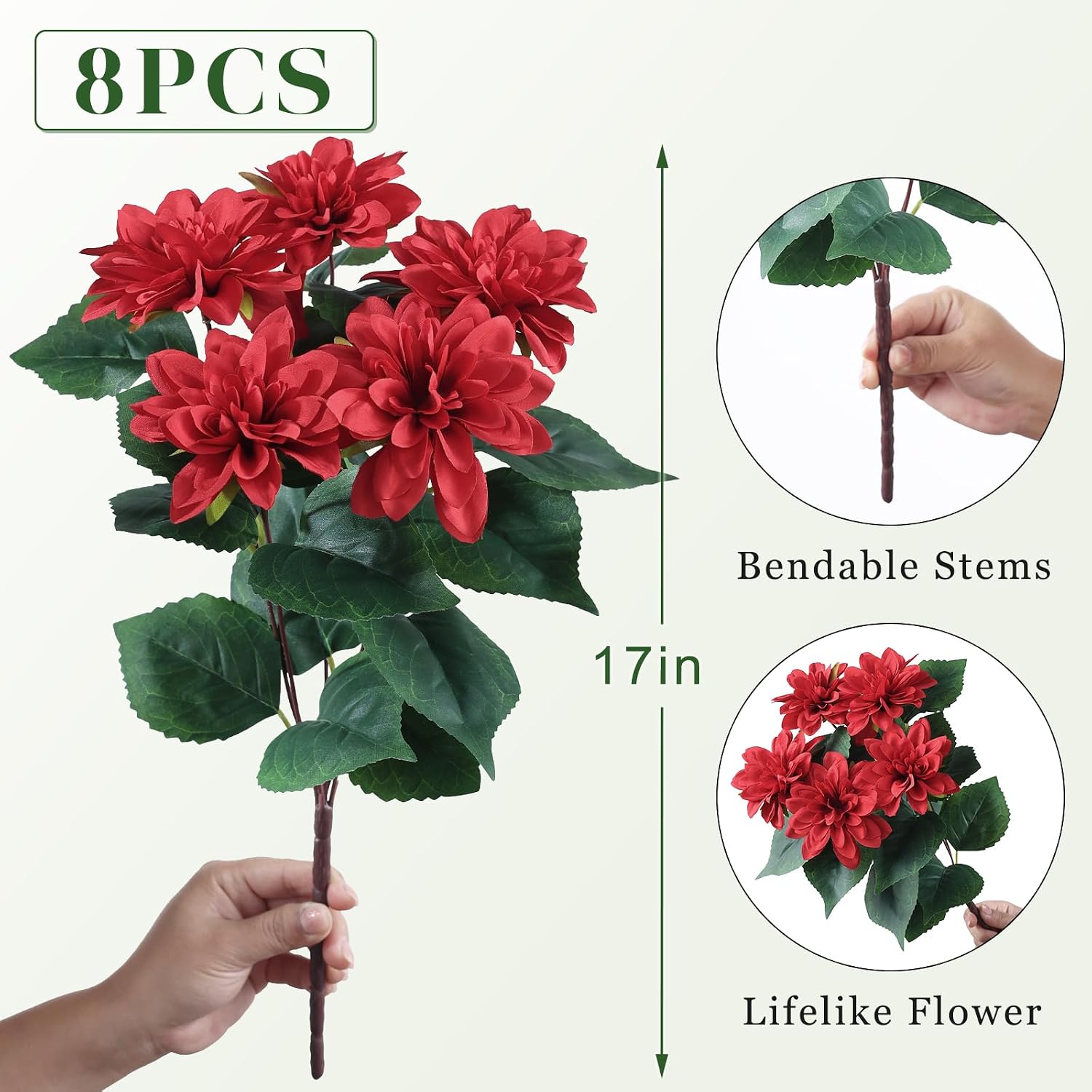 8 Bundles 17" Artificial Dahlia Flowers for Front Door Decor (Red) | Realistic Fake Silk Flower Faux Dahlias Plant, for Front Porch Home Garden Balcony Farmhouse Spring Summer Outdoor Decor