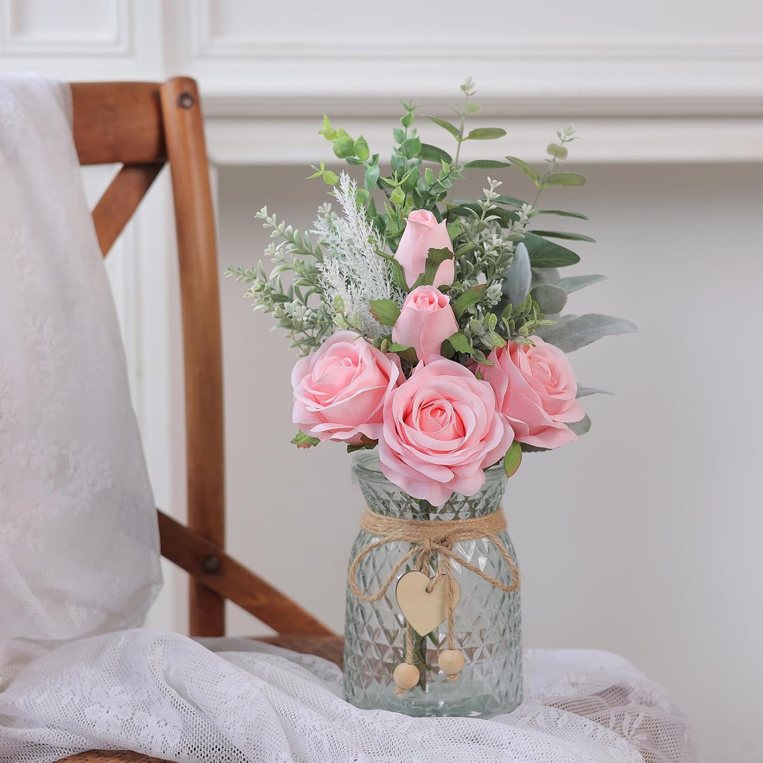 14.5" Artificial Silk Roses with Vase for Home Decoration | Realistic Faux Eucalyptus & Fake Silk Flowers in Vase, for Office Farmhouse Bathroom Dining Table Centerpiece Decoration