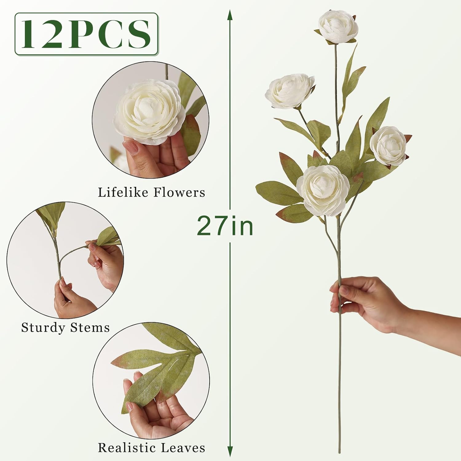 27" Artificial Ranunculus Flowers Stems for Vase Decor (Cream) | Look Real Faux Silk Flowers, Fake Persian Buttercup Branches, for DIY Bouquet Table Centerpieces Farmhouse Home Decoration