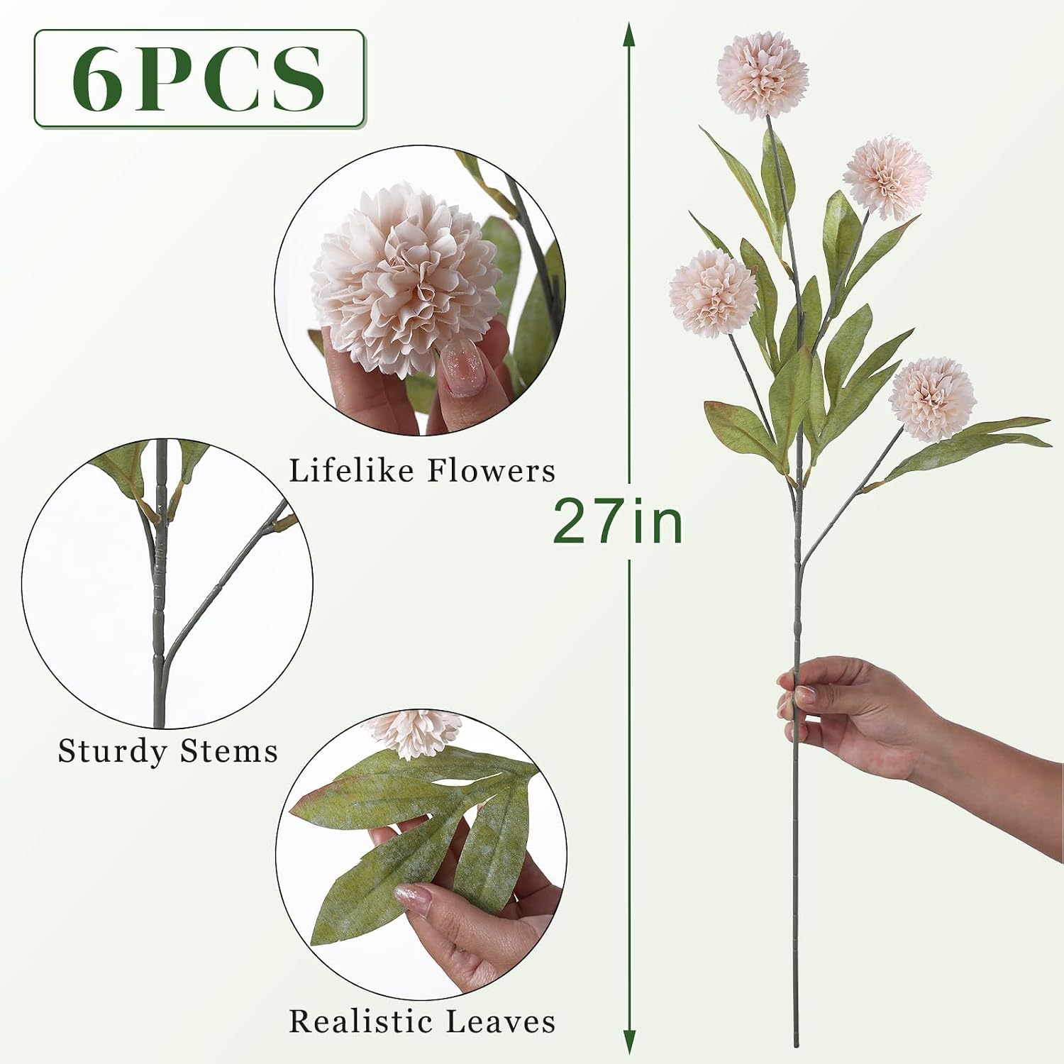6 Pcs 27" Artificial Pompon Mum Silk Flower Stems for Vase (Cream) | Bulk Fake Chrysanth Branches Faux Silk Flowers
