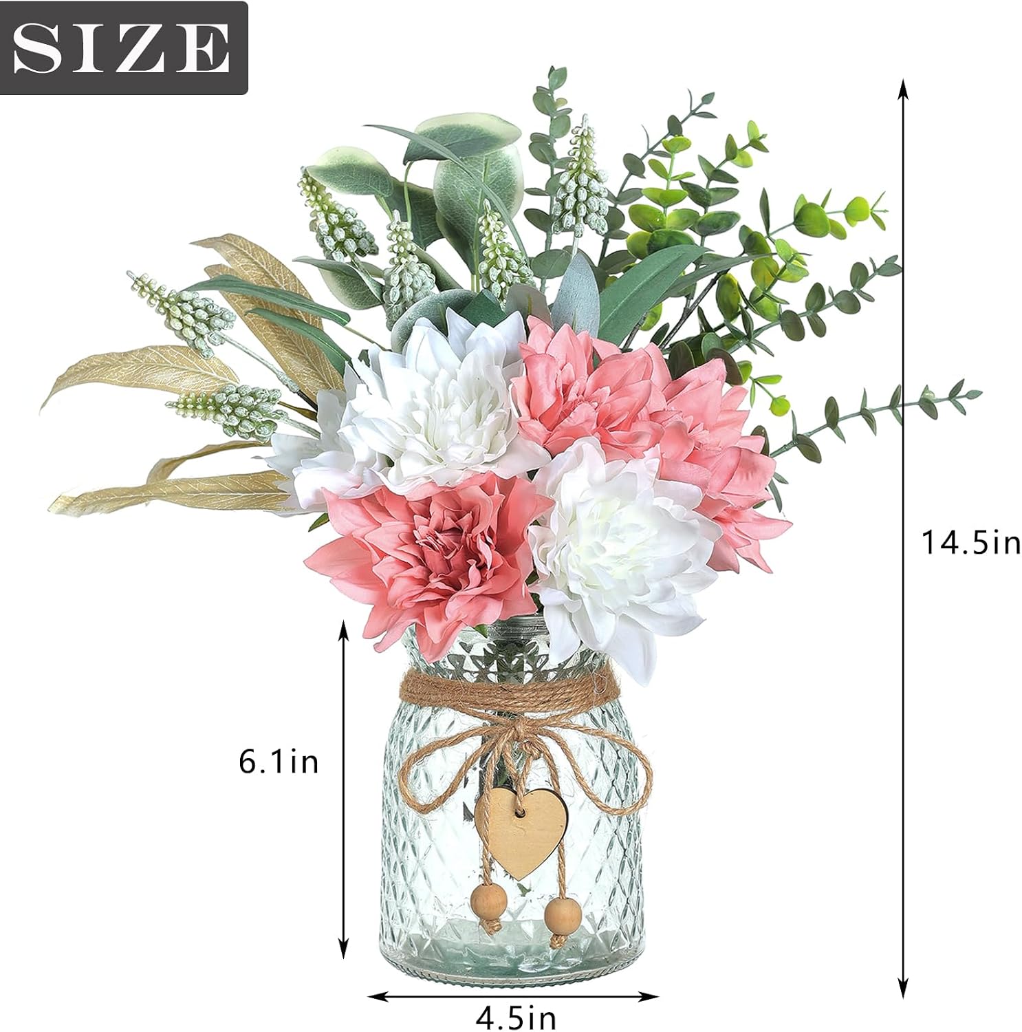 14.5" Artificial Dahlia Flowers with Vase for Home Decor (Dusty Pink) | Lifelike Fake Flowers & Plants in Vase, Faux Eucalyptus Willow with Dahlias, for Farmhouse Kitchen Table Centerpiece Decor