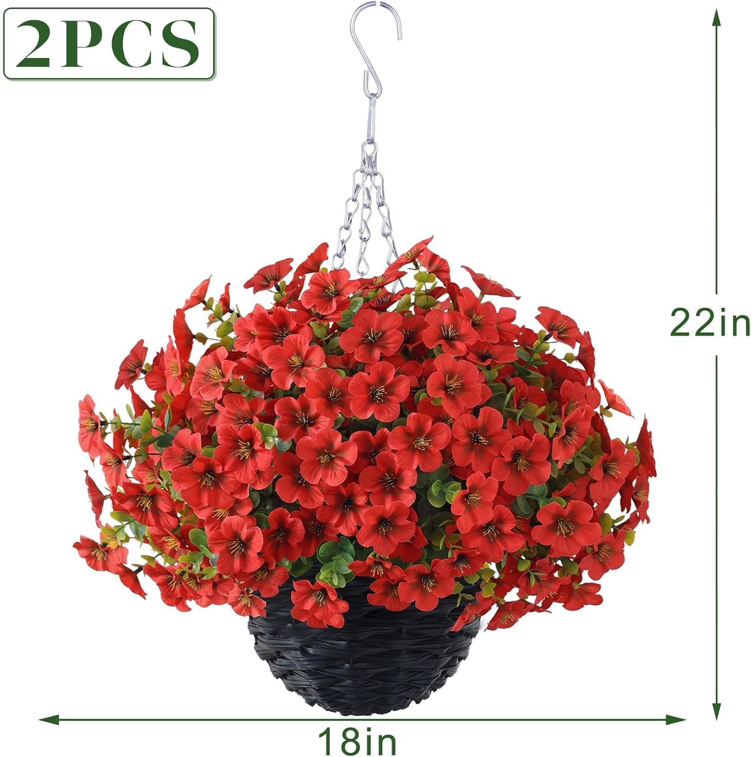 2 Pcs Artificial Flower & Eucalyptus Hanging Baskets for Porch | No-Installation, UV-Resistant Fake Morning Glory Hanging Basket, for Front Door Eaves Home Garden Yard Spring Summer Decor