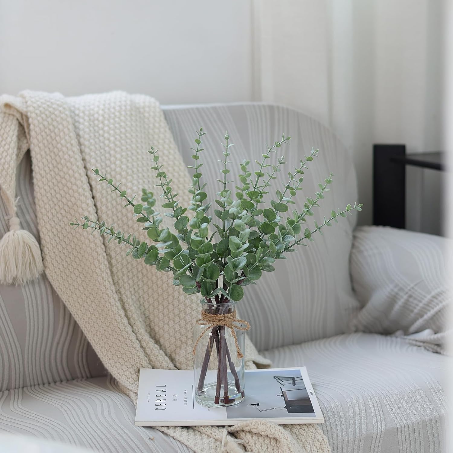 17.5" Artificial Eucalyptus Stems in Glass Vase with Faux Water(Sage Green) | Realistic Fake Plants Faux Eucalyptus Leaves with Glass Vase, for Centerpiece Table Farmhouse Wedding Home Greenery Decor