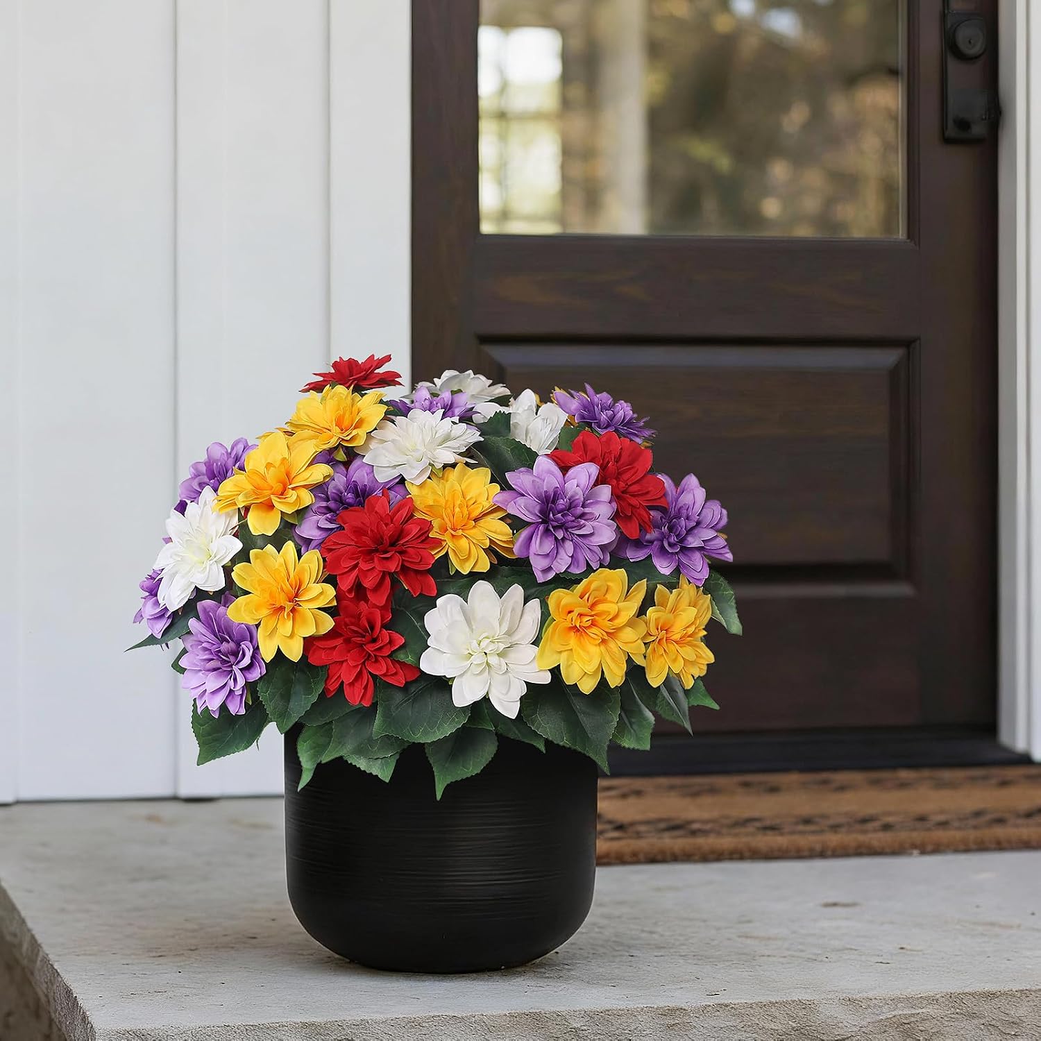 16 Bundles 17" Artificial Dahlia Flowers for Front Door Decor (Mixed Color) | Realistic Fake Silk Flower Faux Dahlias Plant, for Front Porch Home Garden Balcony Farmhouse Spring Summer Outdoor Decor