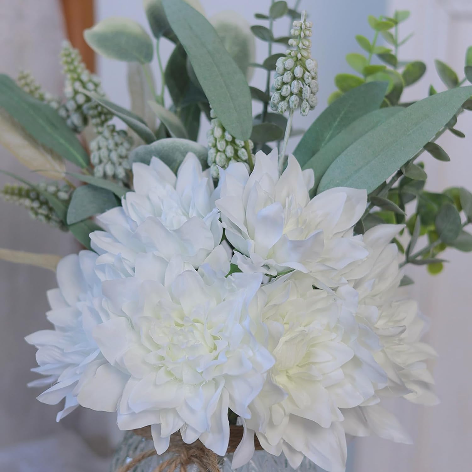 14.5" Artificial Dahlia Flowers with Vase for Home Decor (White) | Lifelike Fake Flowers & Plants in Vase, Faux Eucalyptus Willow with Dahlias, for Farmhouse Kitchen Table Centerpiece Decor