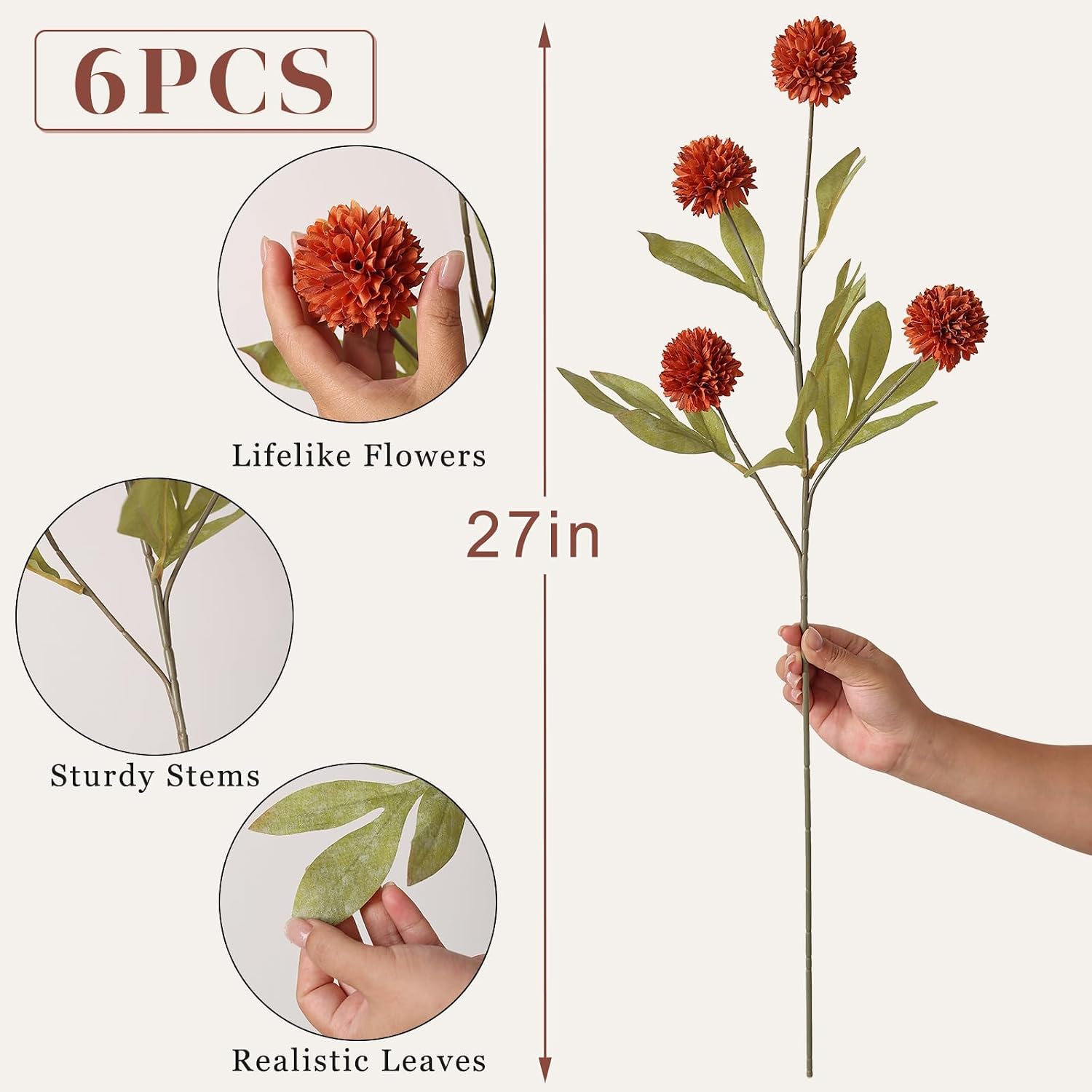 6 Pcs 27" Artificial Fall Pompon Mum Flower Stems for Vase (Orange) | Bulk Fake Chrysanth Branches Faux Silk Flowers,for DIY Bouquet Centerpieces Wedding Filler Arrangements