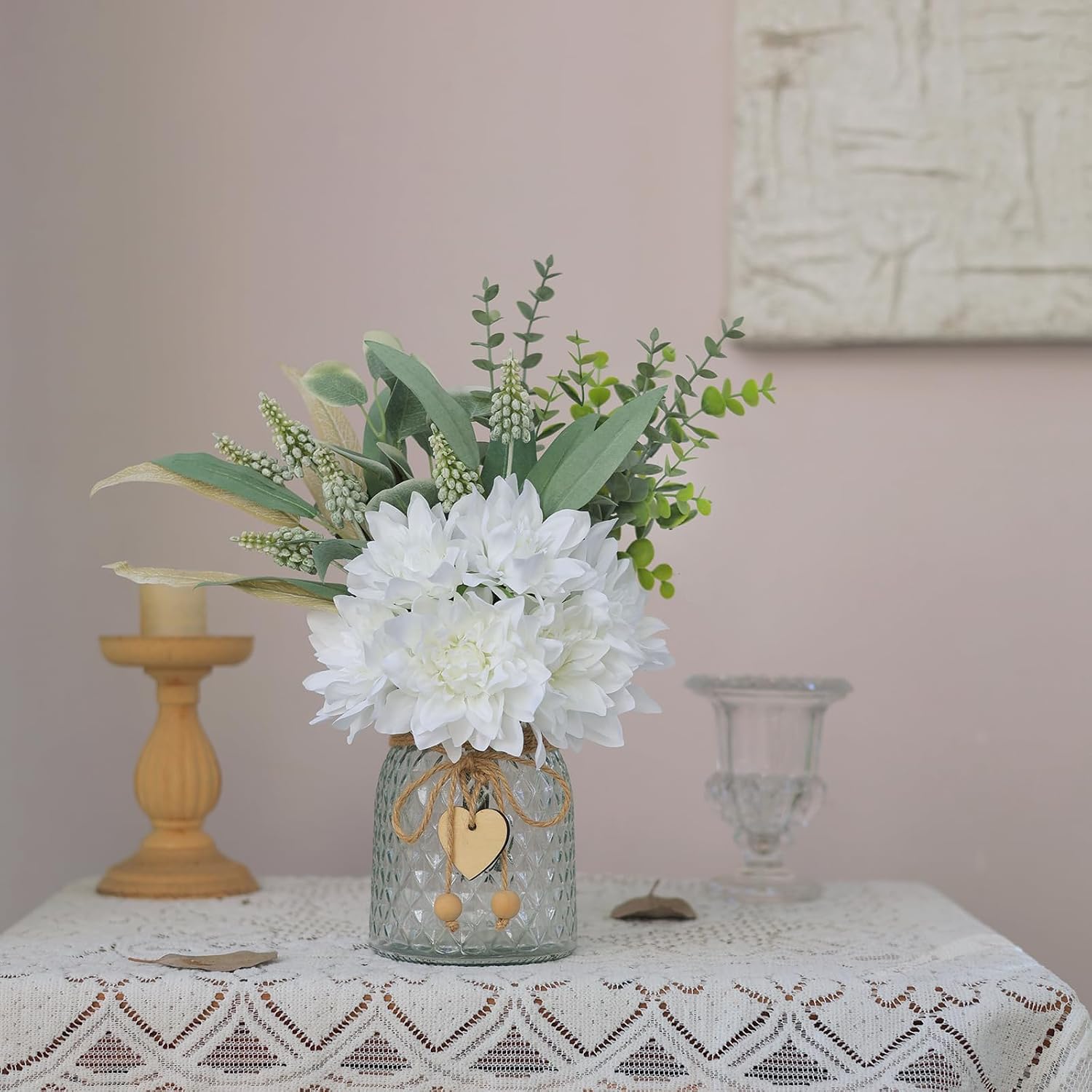 14.5" Artificial Dahlia Flowers with Vase for Home Decor (White) | Lifelike Fake Flowers & Plants in Vase, Faux Eucalyptus Willow with Dahlias, for Farmhouse Kitchen Table Centerpiece Decor