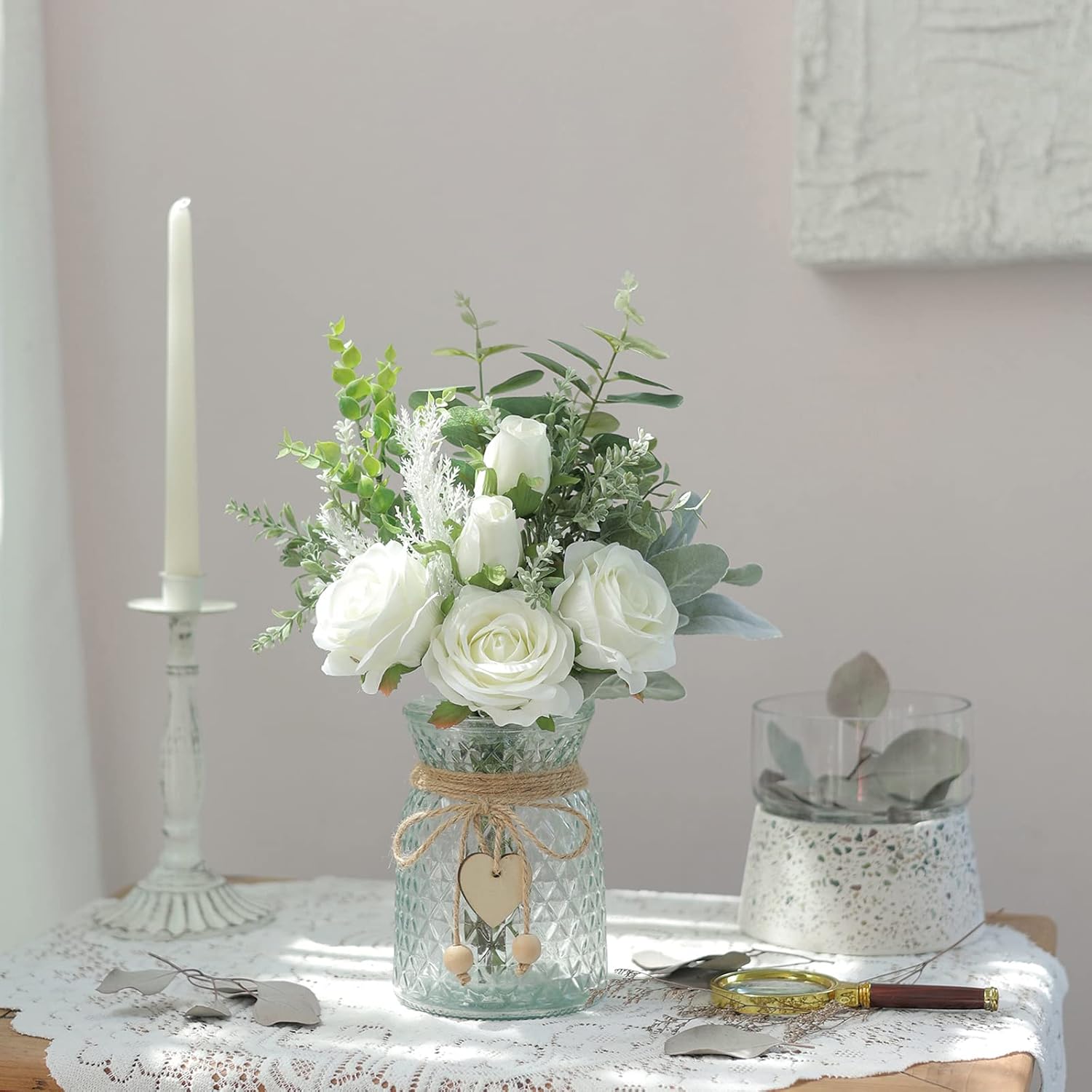 14.5" Artificial Silk Roses with Vase for Home Decoration | Realistic Faux Eucalyptus & Fake Silk Flowers in Vase, for Office Farmhouse Bathroom Dining Table Centerpiece Decoration