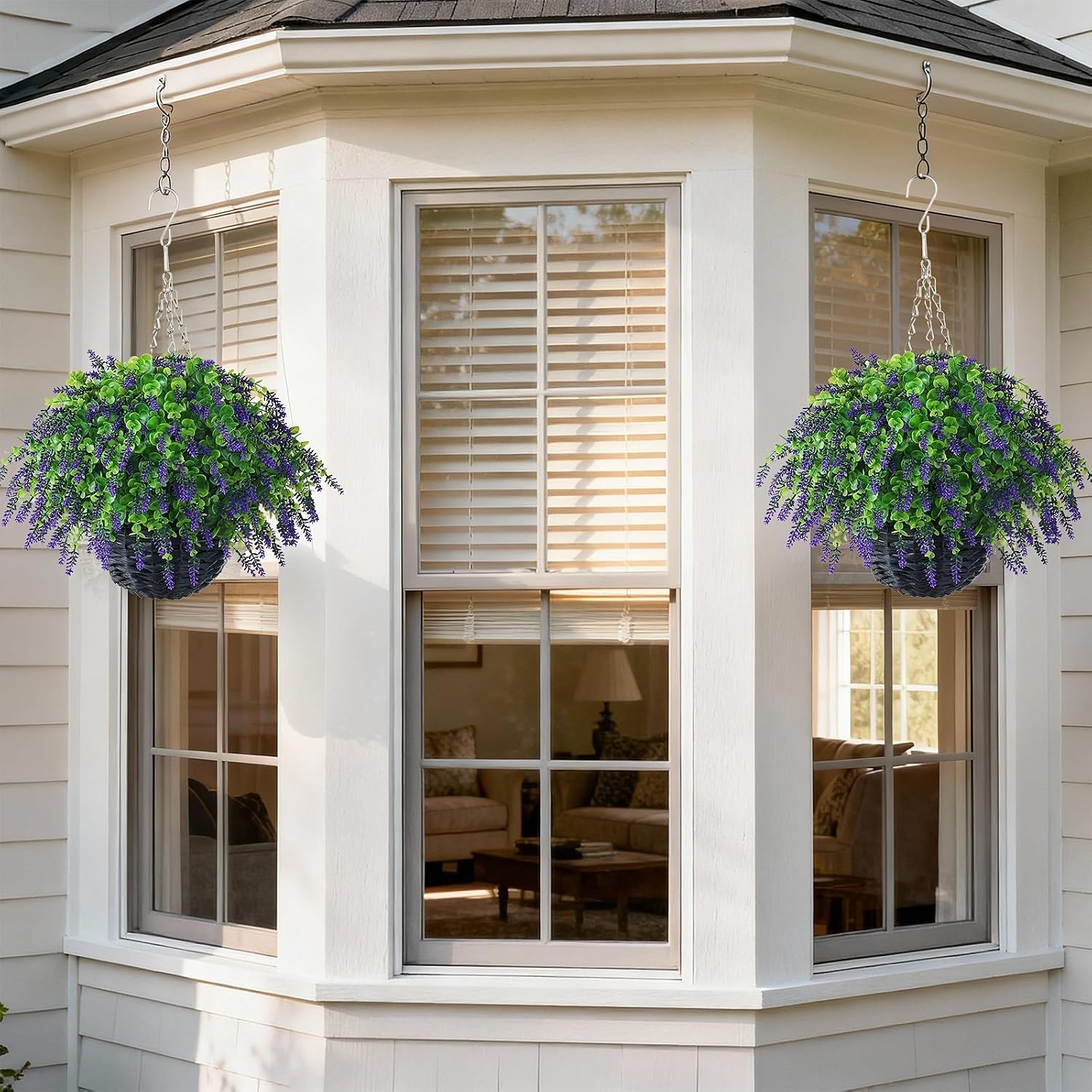 2 Pcs Artificial Eucalyptus&Lavender Hanging Basket for Porch(Purple-Green) | No Assembly Needed, UV-Resistant Fake Flower Hanging Basket, for Front Door Eaves Home Garden Farmhouse Yard Outdoor Decor