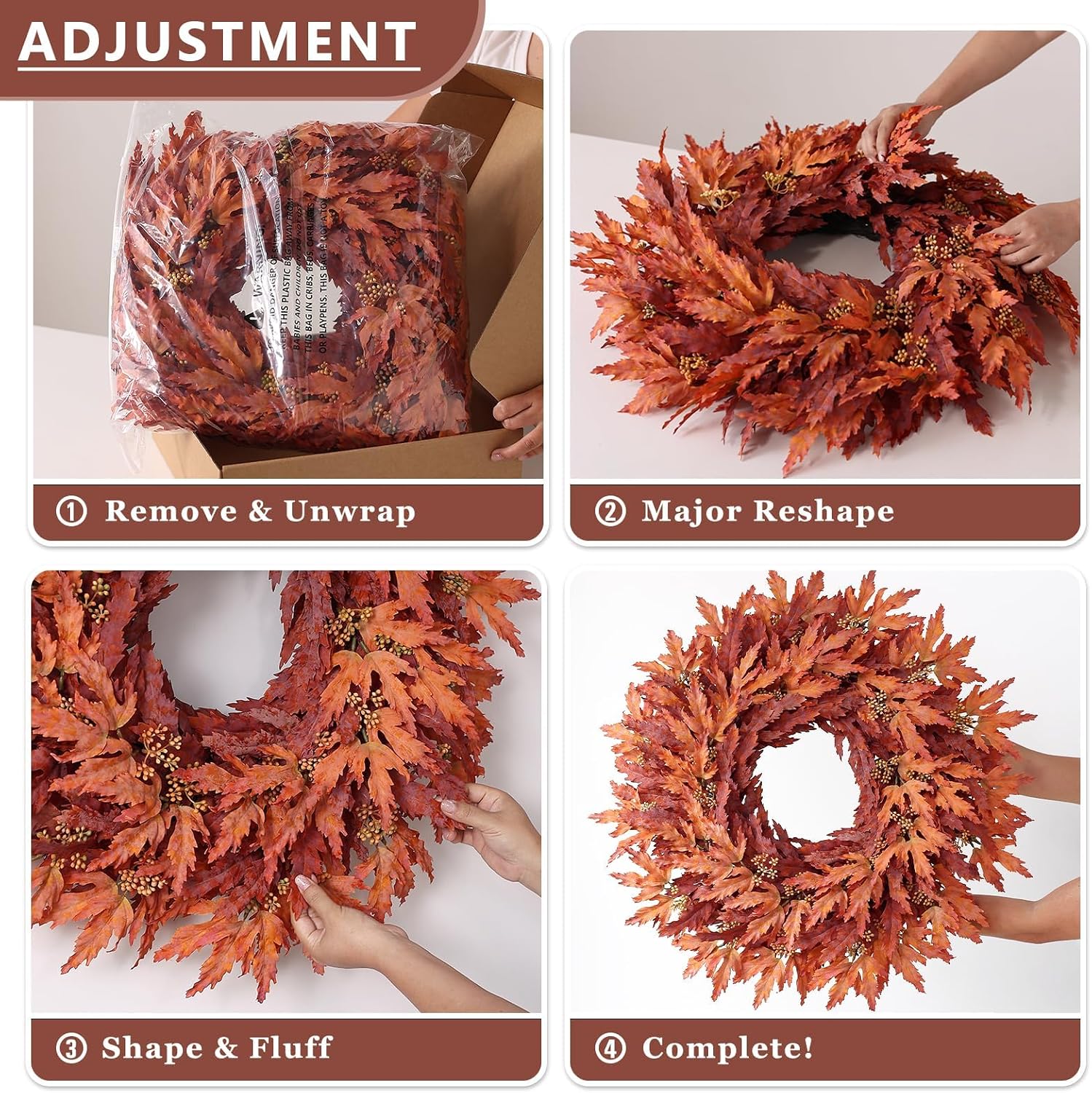 26" Artificial Fall Maple Leaves Wreath for Front Door Decoration (Orange) | Fake Maple Leaves with Seeds Wreath, Faux Autumn Outdoor Wreath