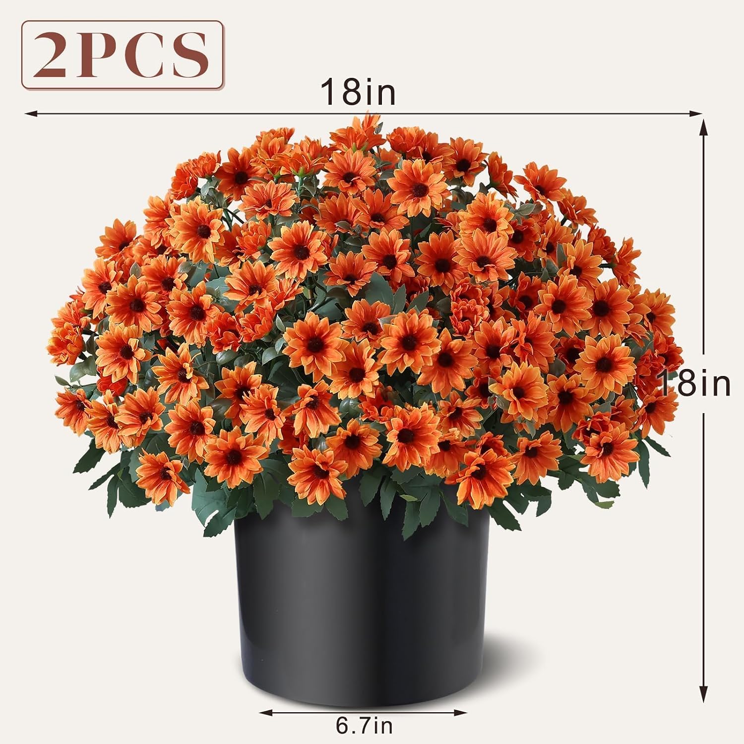 2 Pcs Artificial Fall Daisy Topiary Ball Trees Fake Mums for Porch (Orange) | with Pots,No Assembly Required,UV Resistant Faux Daisy Autumn Potted Plant