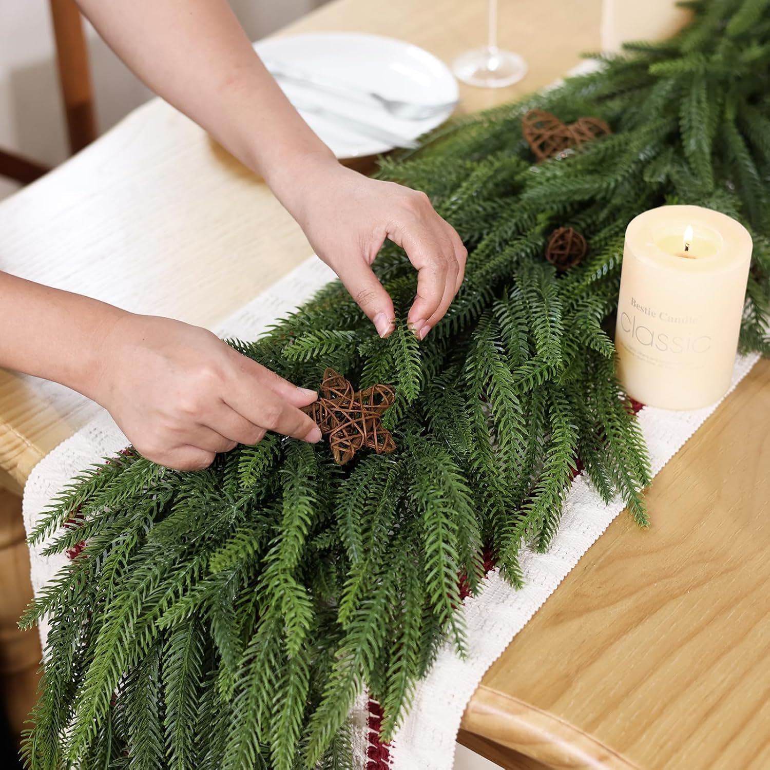 Artificial Christmas Norfolk Pine Garland for Fireplace Decor | Lifelike Faux Pine Needles Garland Fake Greenery Garland, for Table Window Stairs Mantle Xmas Holiday Indoor Home Decoration