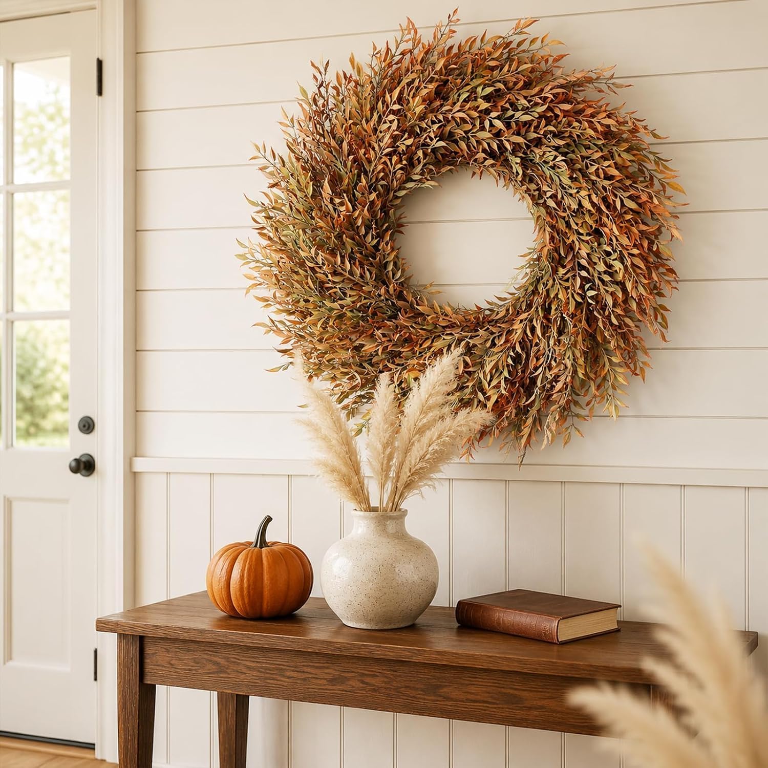 26" Artificial Fall Nandina Wreath for Front Door Decoration (Orange-Green) | Faux Large Autumn Wreath Fake Boxwood Wreath,for Window Front Porch Fireplace