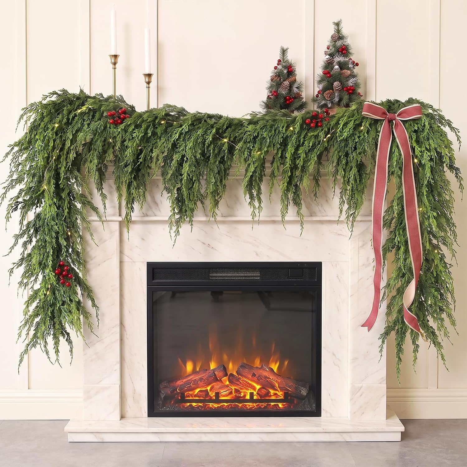 16FT 1Pcs Artificial Cedar Pine Garland Christmas Greenery for Stairs Decor | Full and Thick Faux Greenery Garland, Fake Cedar Pine for Fireplace Stairs Door Window Table Farmhouse Home Decoration