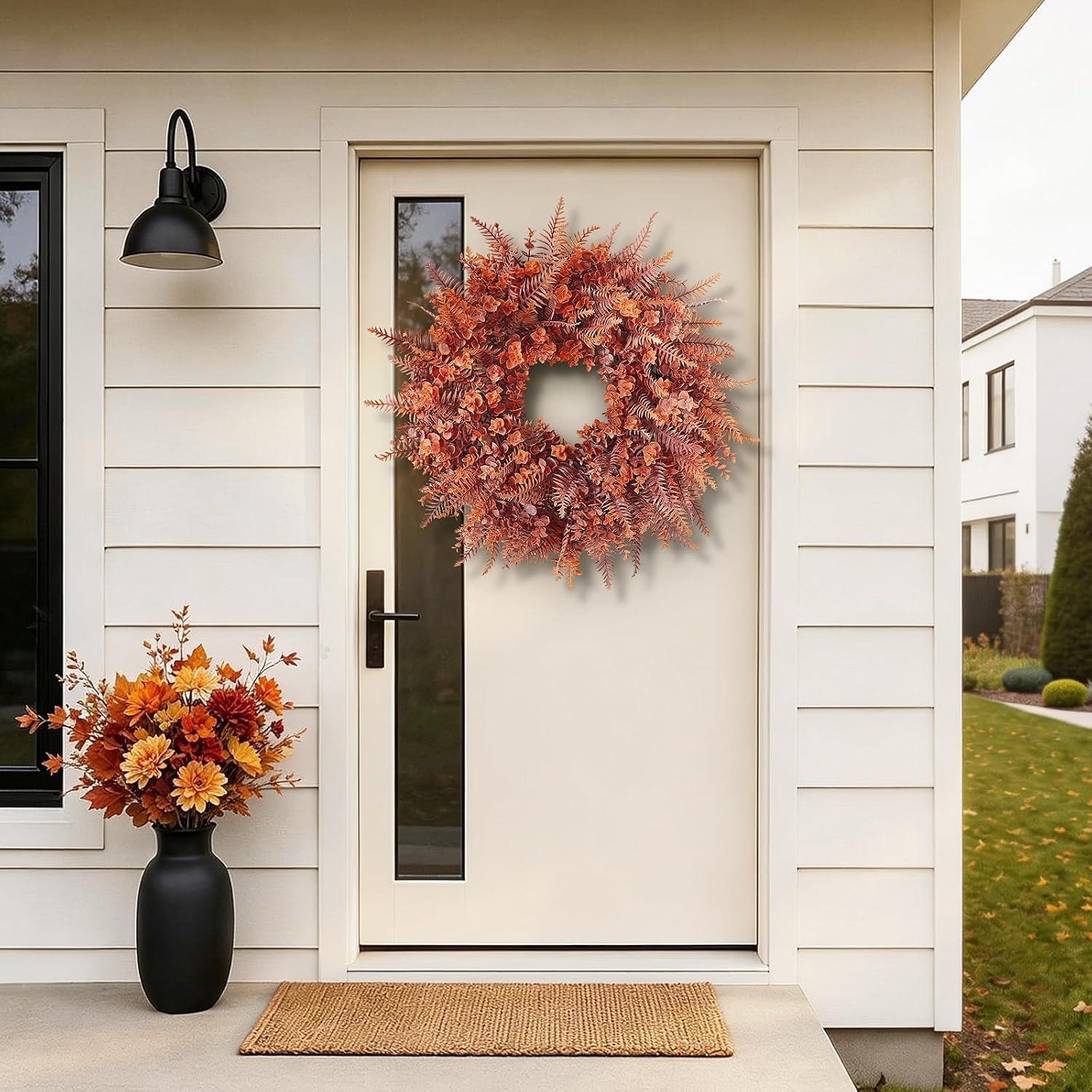 26" Artificial Fall Eucalyptus & Fern Wreath for Front Door Decor(Orange) | Realistic Faux Autumn Plant Outdoor Wreath, for Front Porch Farmhouse Window Fireplace Wall Thanksgiving & Harvest Home Decor