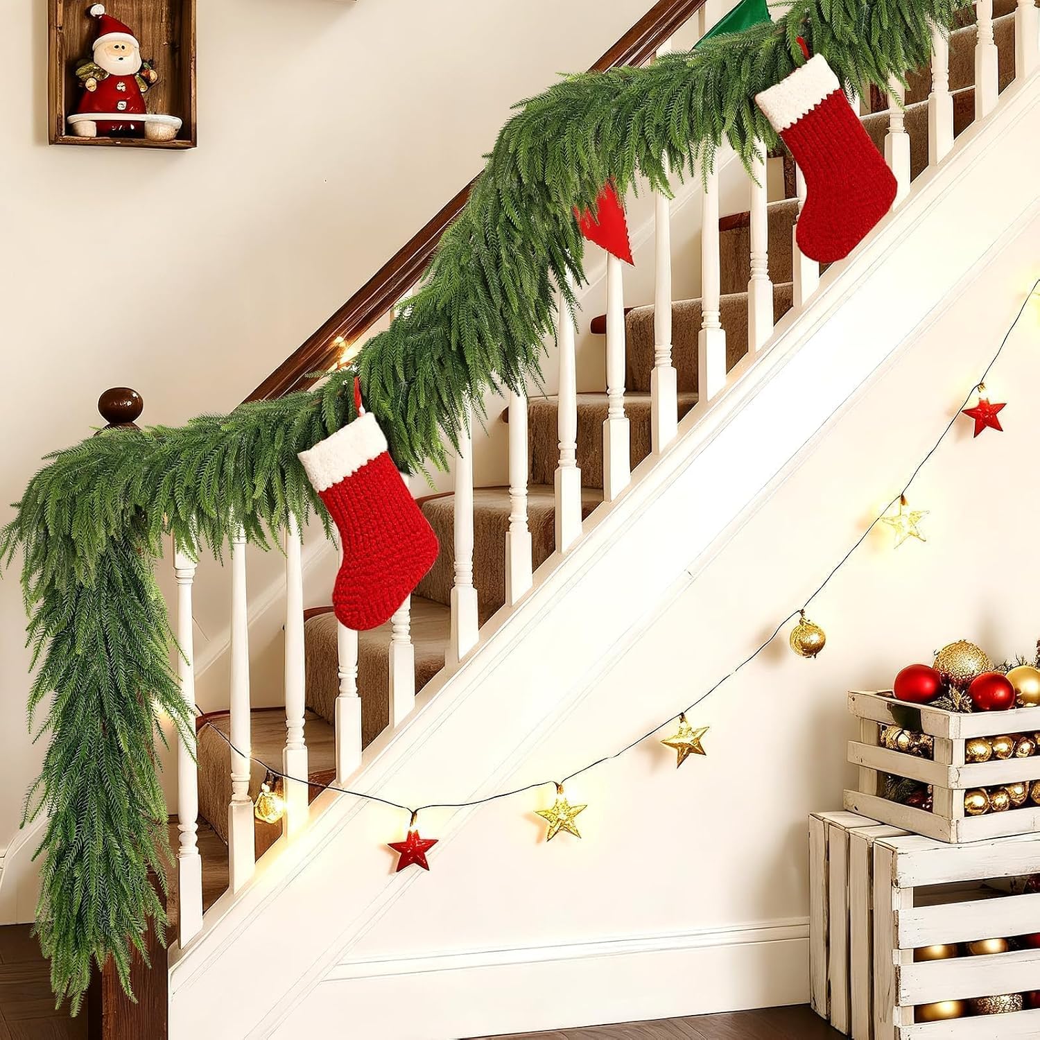 Artificial Christmas Norfolk Pine Garland for Fireplace Decor | Lifelike Faux Pine Needles Garland Fake Greenery Garland, for Table Window Stairs Mantle Xmas Holiday Indoor Home Decoration
