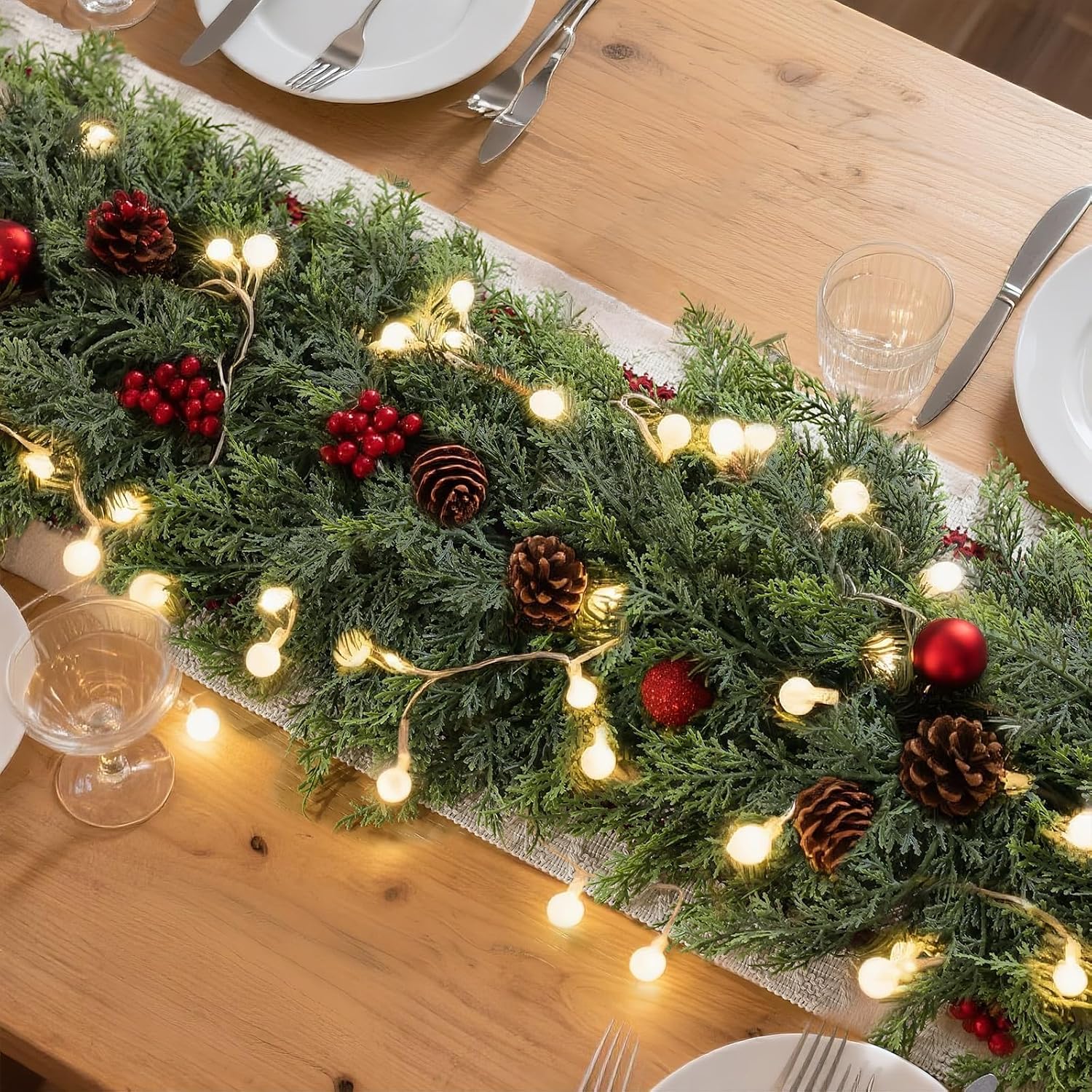 Artificial Christmas Cedar Garland Faux Greenery for Mantle Decor | Lifelike Fake Pine Needles Garland, Fake Green Garland, for Fireplace Table Window Stairs Holiday Xmas Indoor Home Decoration
