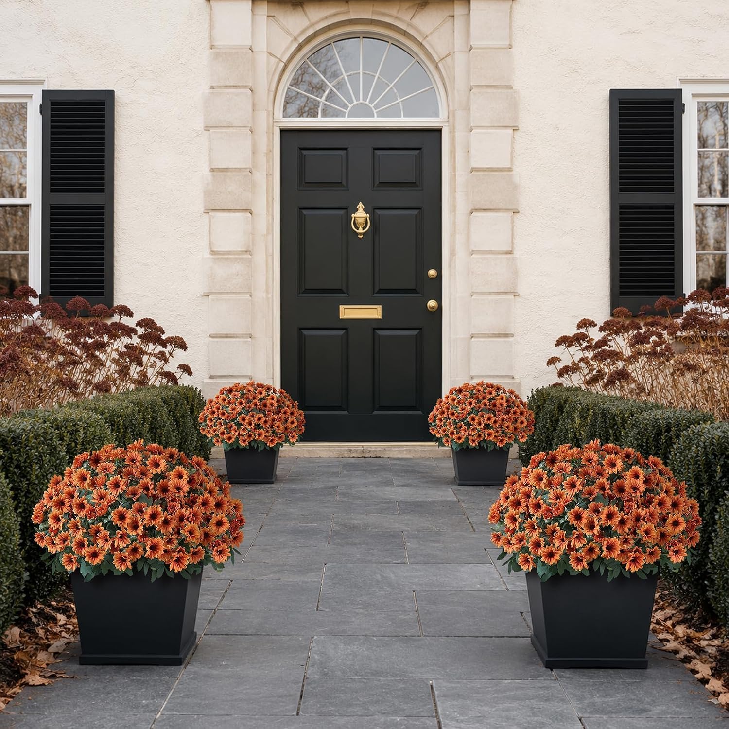 2 Pcs Artificial Fall Daisy Topiary Ball Trees Fake Mums for Porch (Orange) | with Pots,No Assembly Required,UV Resistant Faux Daisy Autumn Potted Plant