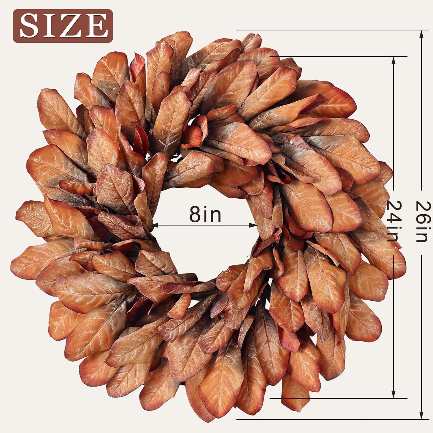 26" Artificial Fall Magnolia Leaf Wreath for Front Door Decoration (Orange) | Faux Magnolia Leaves Wreath Fake Plant Wreath, for Front Door Fireplace Wall Window Farmhouse Home Outdoor Autumn Decor