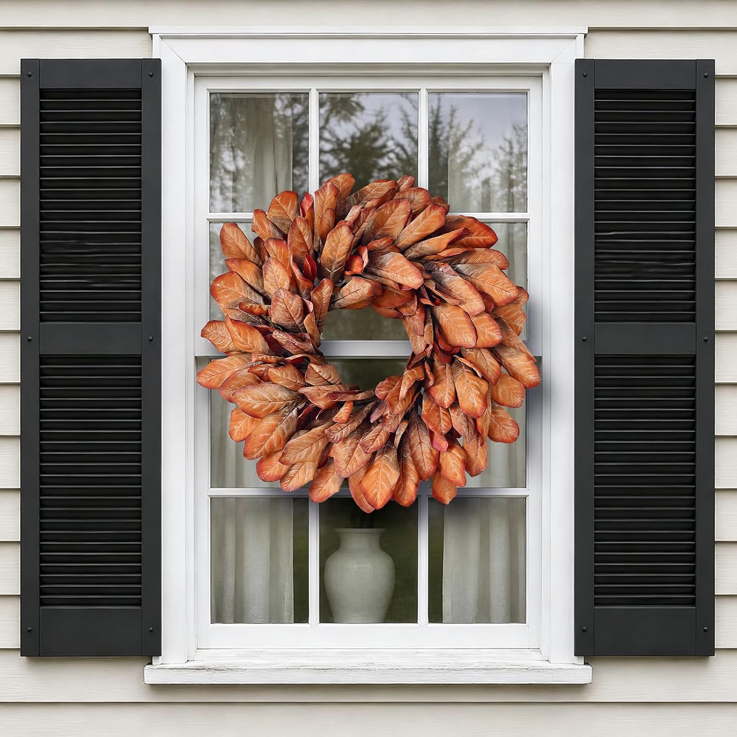 26" Artificial Fall Magnolia Leaf Wreath for Front Door Decoration (Orange) | Faux Magnolia Leaves Wreath Fake Plant Wreath, for Front Door Fireplace Wall Window Farmhouse Home Outdoor Autumn Decor