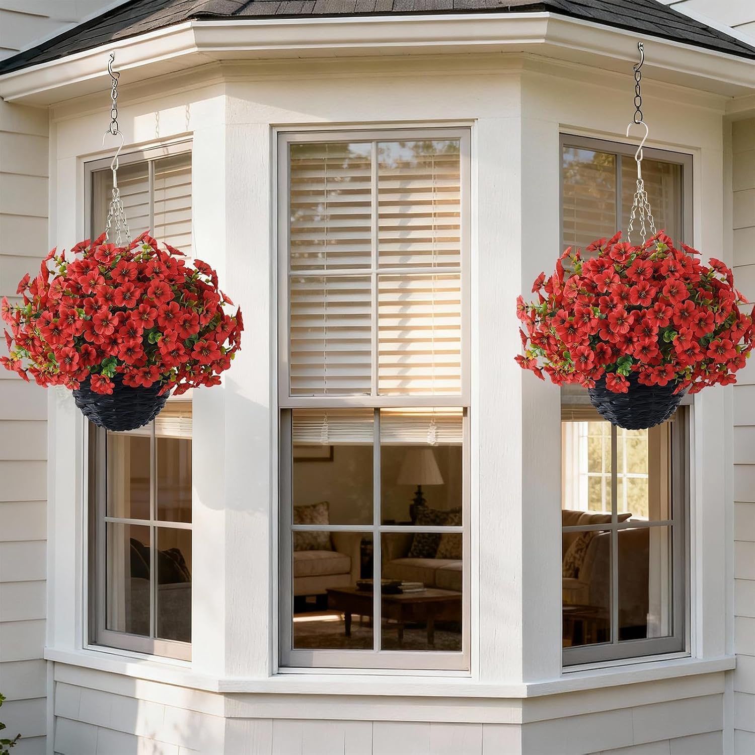 2 Pcs Artificial Flower & Eucalyptus Hanging Baskets for Porch | No-Installation, UV-Resistant Fake Morning Glory Hanging Basket, for Front Door Eaves Home Garden Yard Spring Summer Decor