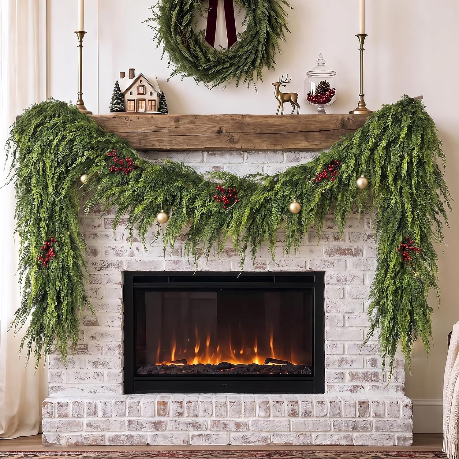 9FT 1Pcs Artificial Cedar Pine Garland Christmas Greenery for Mantle Decor | Full and Thick Faux Greenery Garland, Fake Cedar Pine for Fireplace Stair Door Window Table Farmhouse Home Decoration