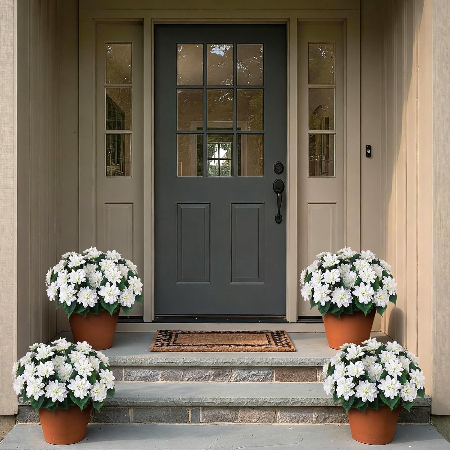 8 Bundles 17" Artificial Dahlia Flowers for Front Door Decor (White) | Realistic Fake Silk Flower Faux Dahlias Plant, for Front Porch Home Garden Balcony Farmhouse Spring Summer Outdoor Decor