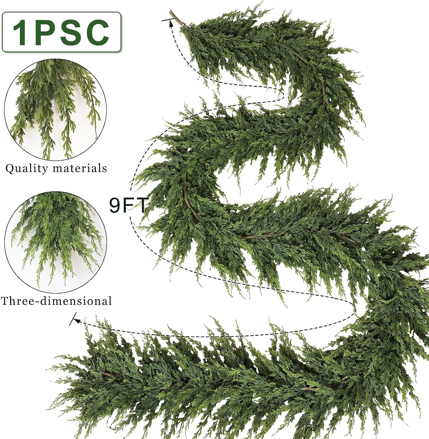 9FT 1Pcs Artificial Cedar Pine Garland Christmas Greenery for Mantle Decor | Full and Thick Faux Greenery Garland, Fake Cedar Pine for Fireplace Stair Door Window Table Farmhouse Home Decoration