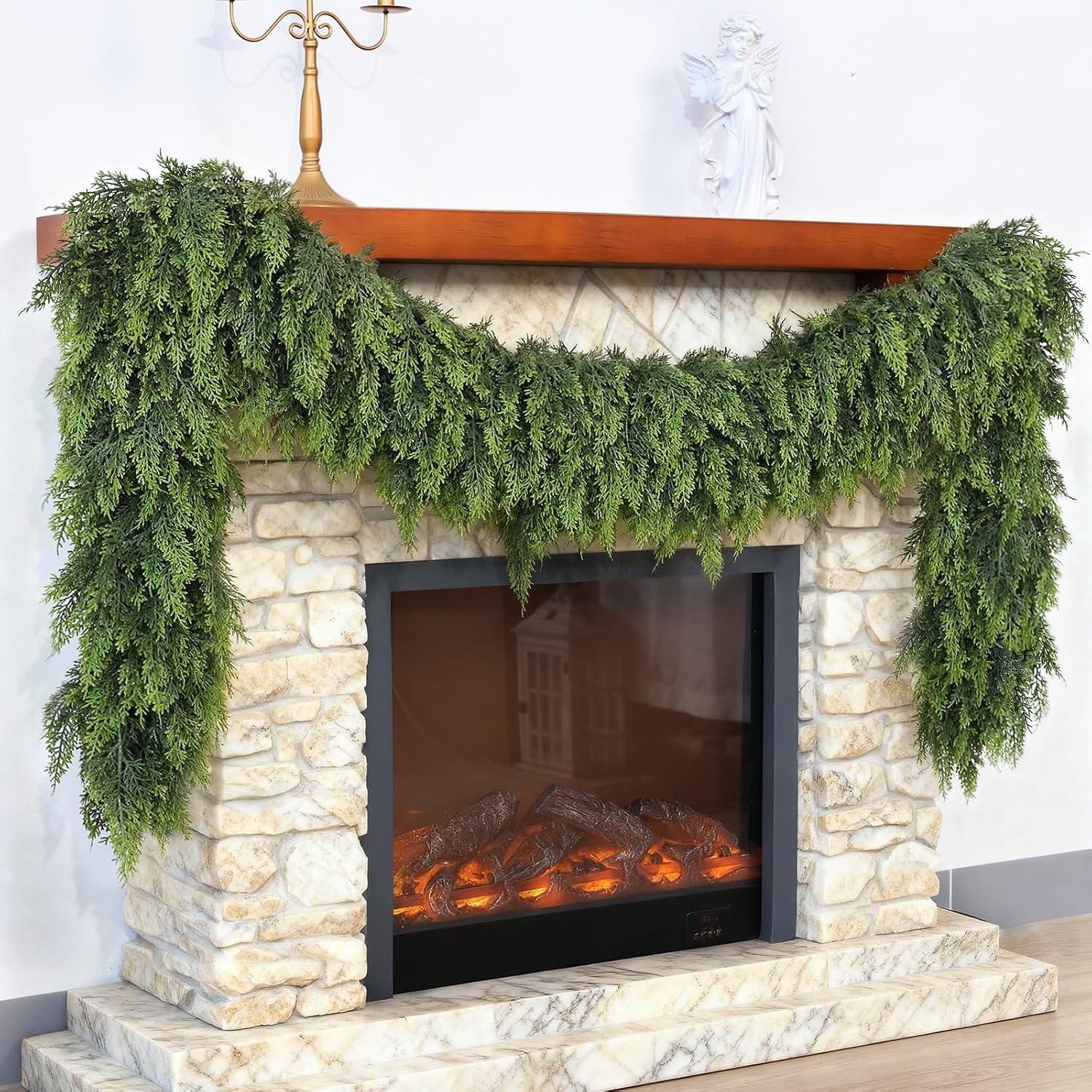 Artificial Christmas Cedar Garland Faux Greenery for Mantle Decor | Lifelike Fake Pine Needles Garland, Fake Green Garland, for Fireplace Table Window Stairs Holiday Xmas Indoor Home Decoration