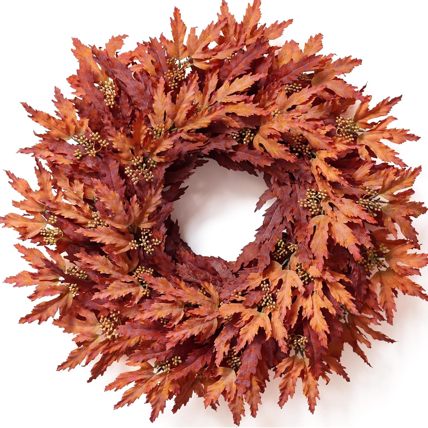 26" Artificial Fall Maple Leaves Wreath for Front Door Decoration (Orange) | Fake Maple Leaves with Seeds Wreath, Faux Autumn Outdoor Wreath