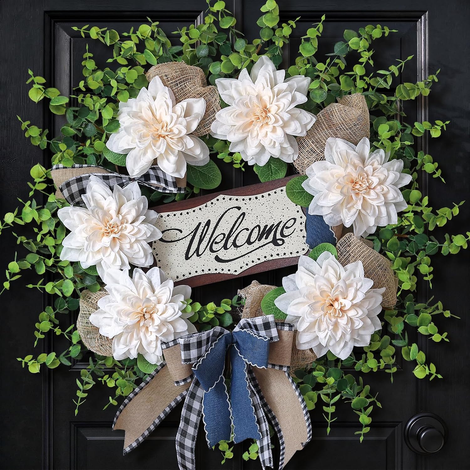 24" Artificial Dahlia Flower and Eucalyptus Wreath for Front Door (White) | Fake Flower & Eucalyptus Wreath with Blessed Sign,Faux Greenery Wreath,for Porch Home Outdoor Farmhouse Spring Summer Decor