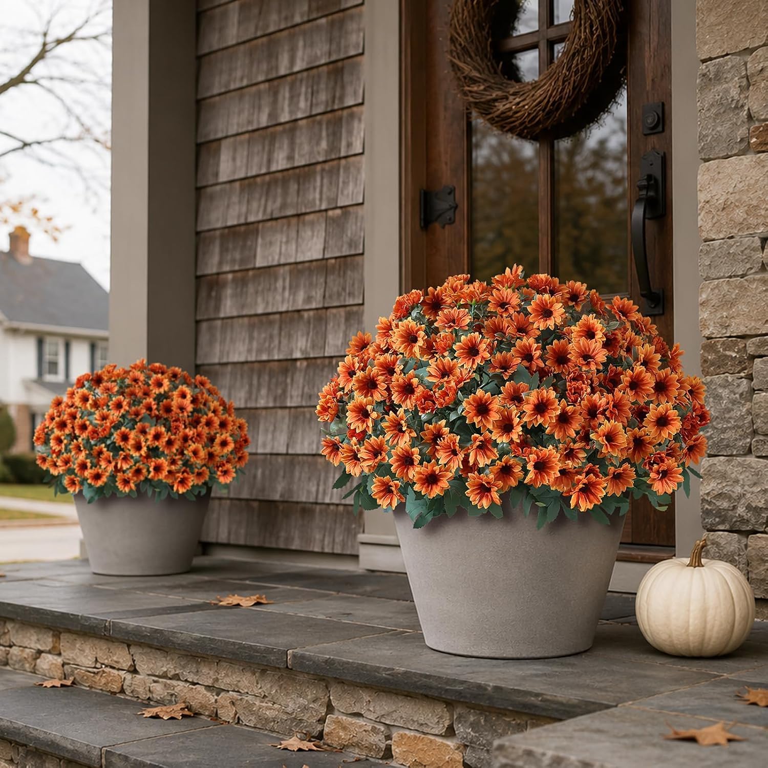 2 Pcs Artificial Fall Daisy Topiary Ball Trees Fake Mums for Porch (Orange) | with Pots,No Assembly Required,UV Resistant Faux Daisy Autumn Potted Plant
