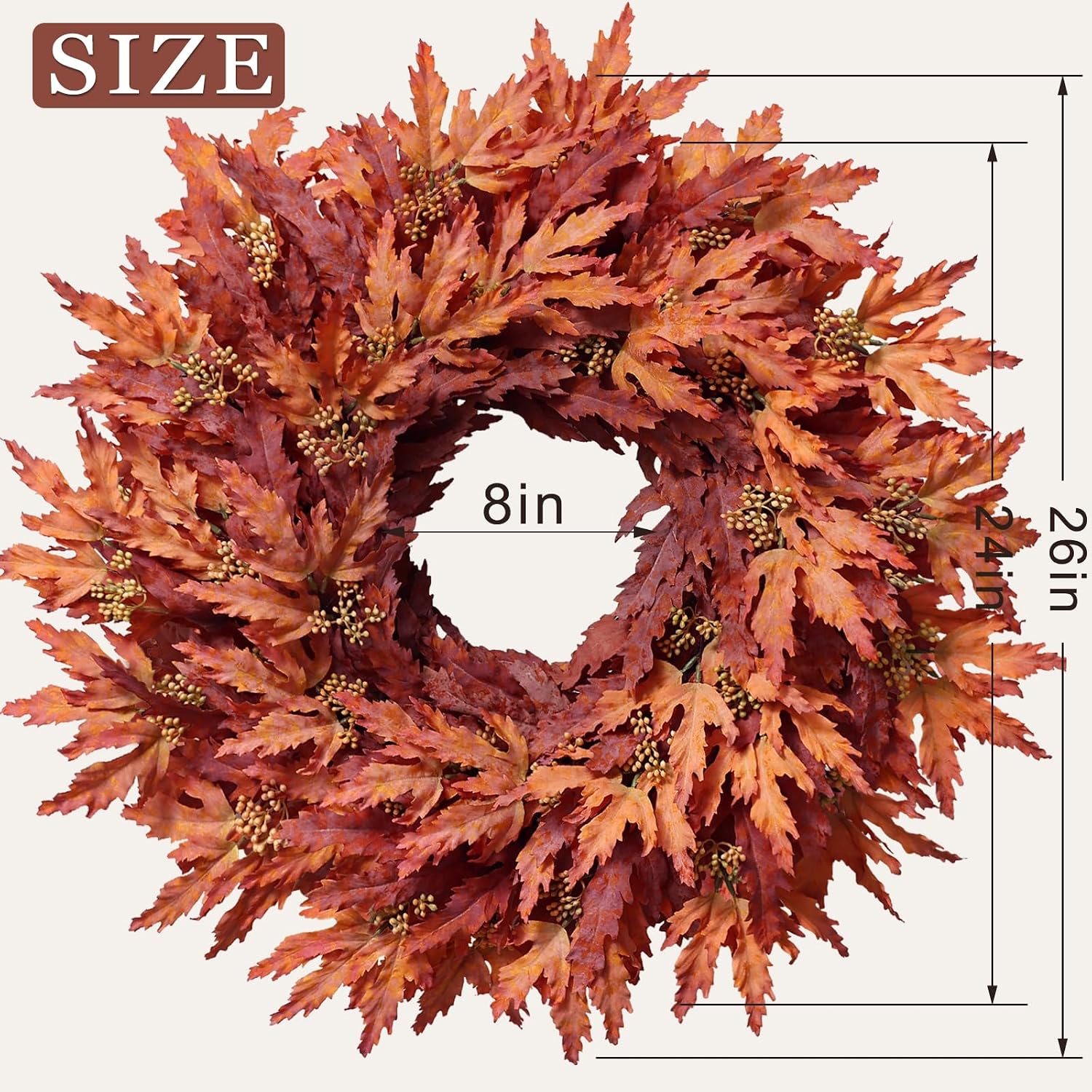 26" Artificial Fall Maple Leaves Wreath for Front Door Decoration (Orange) | Fake Maple Leaves with Seeds Wreath, Faux Autumn Outdoor Wreath