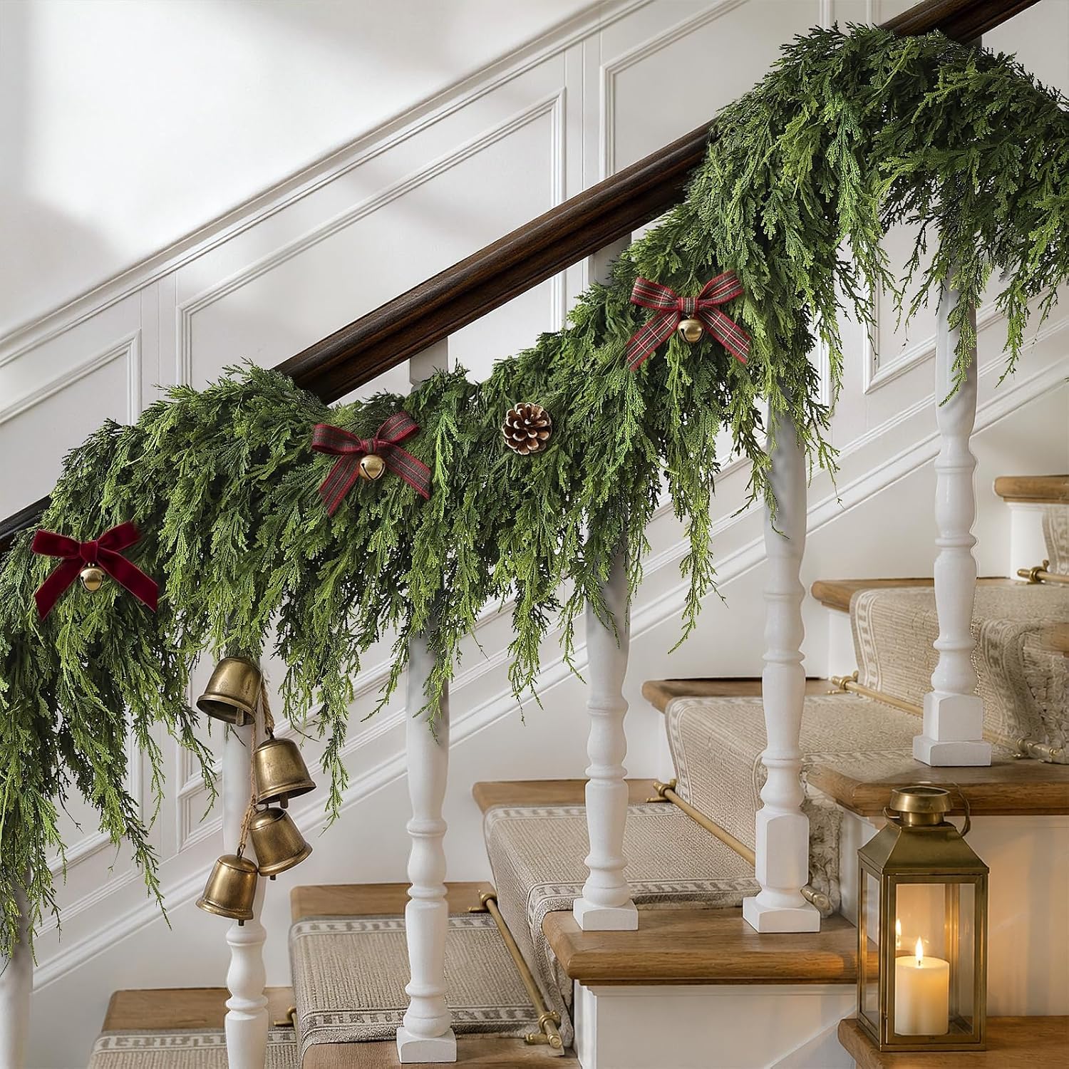 9FT 1Pcs Artificial Cedar Pine Garland Christmas Greenery for Mantle Decor | Full and Thick Faux Greenery Garland, Fake Cedar Pine for Fireplace Stair Door Window Table Farmhouse Home Decoration